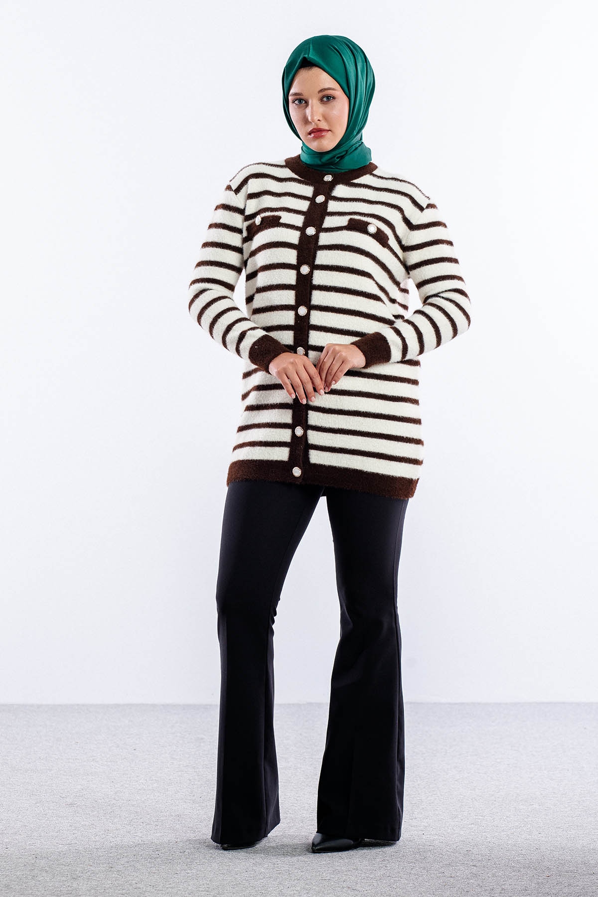 5733 Pelus Hirka Tek Cizgili - Kahve-krem - 2