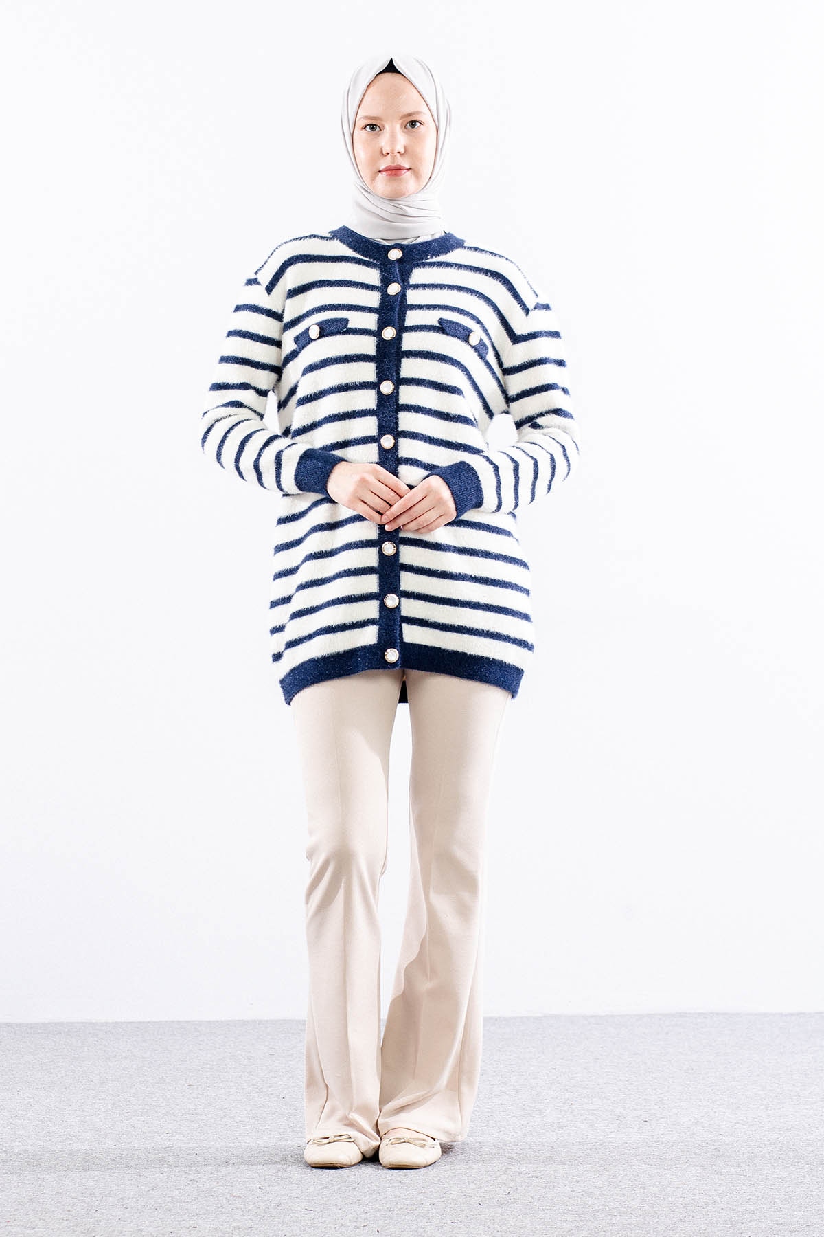 5733 Pelus Hirka Tek Cizgili - Lacivert_krem - 1