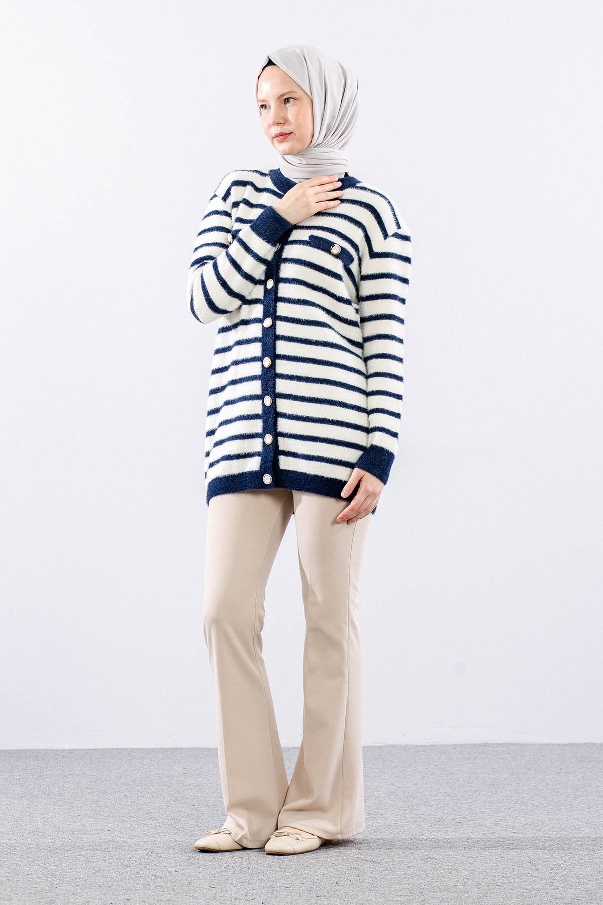 5733 Pelus Hirka Tek Cizgili - Lacivert_krem - 3