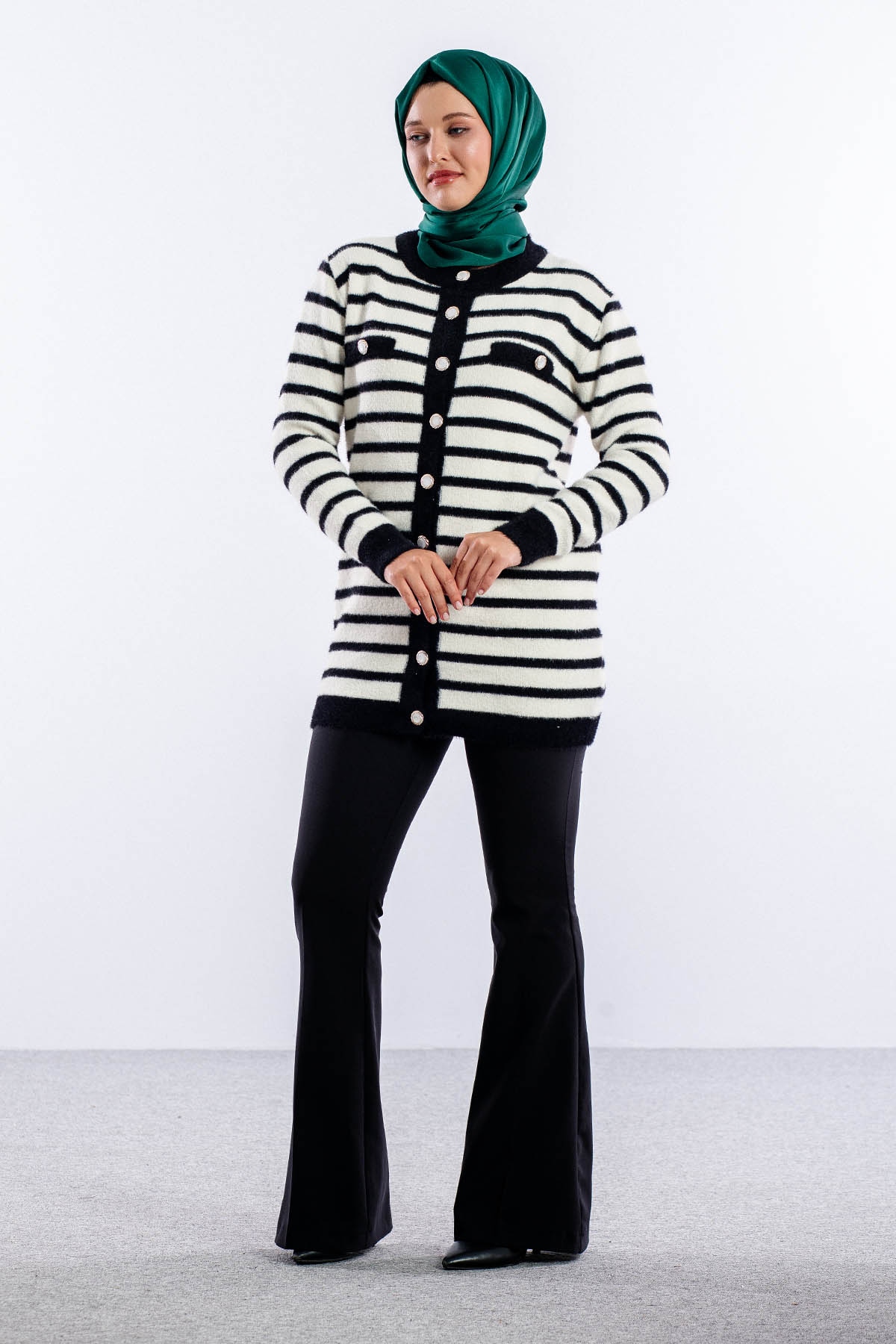 5733 Pelus Hirka Tek Cizgili - Siyah_ekru - 2