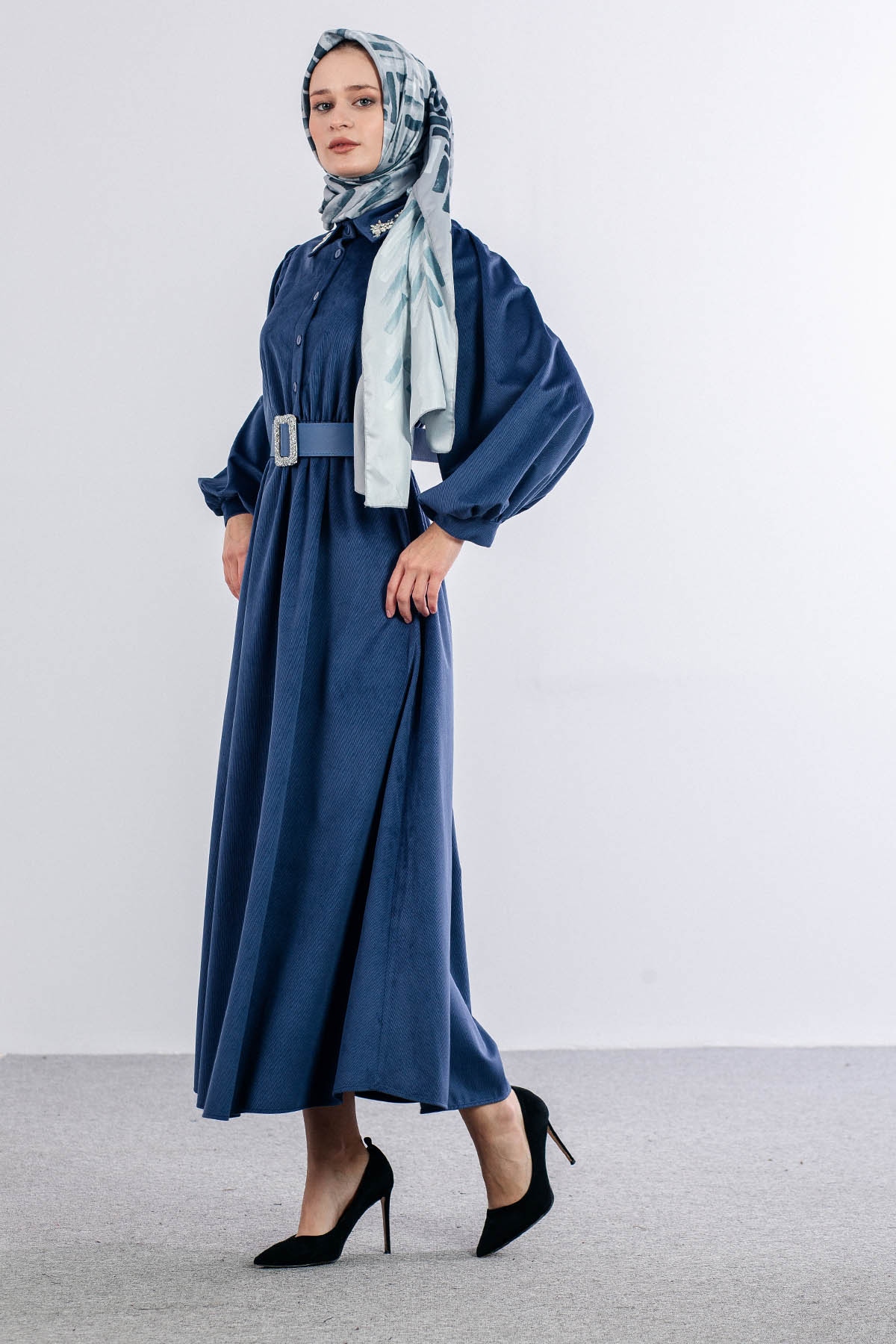 5943 Elbi̇se 38-44 Kadife Kumas Kemerli - Mavi - 1