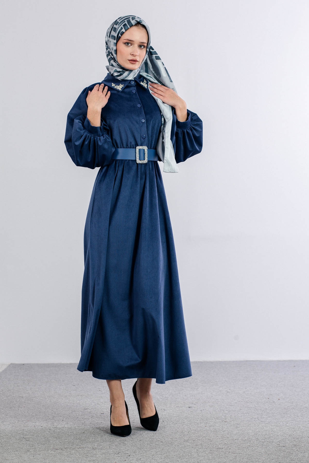 5943 Elbi̇se 38-44 Kadife Kumas Kemerli - Mavi - 2