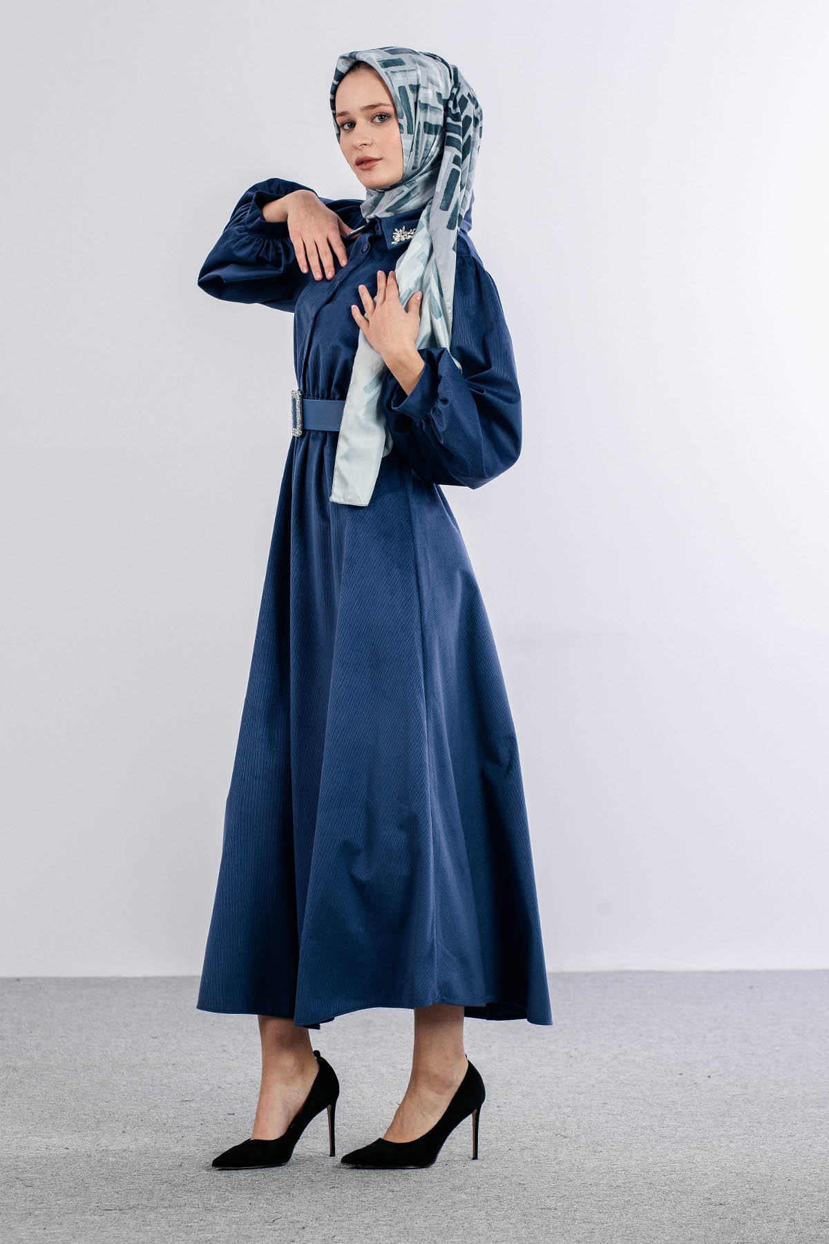 5943 Elbi̇se 38-44 Kadife Kumas Kemerli - Mavi - 3