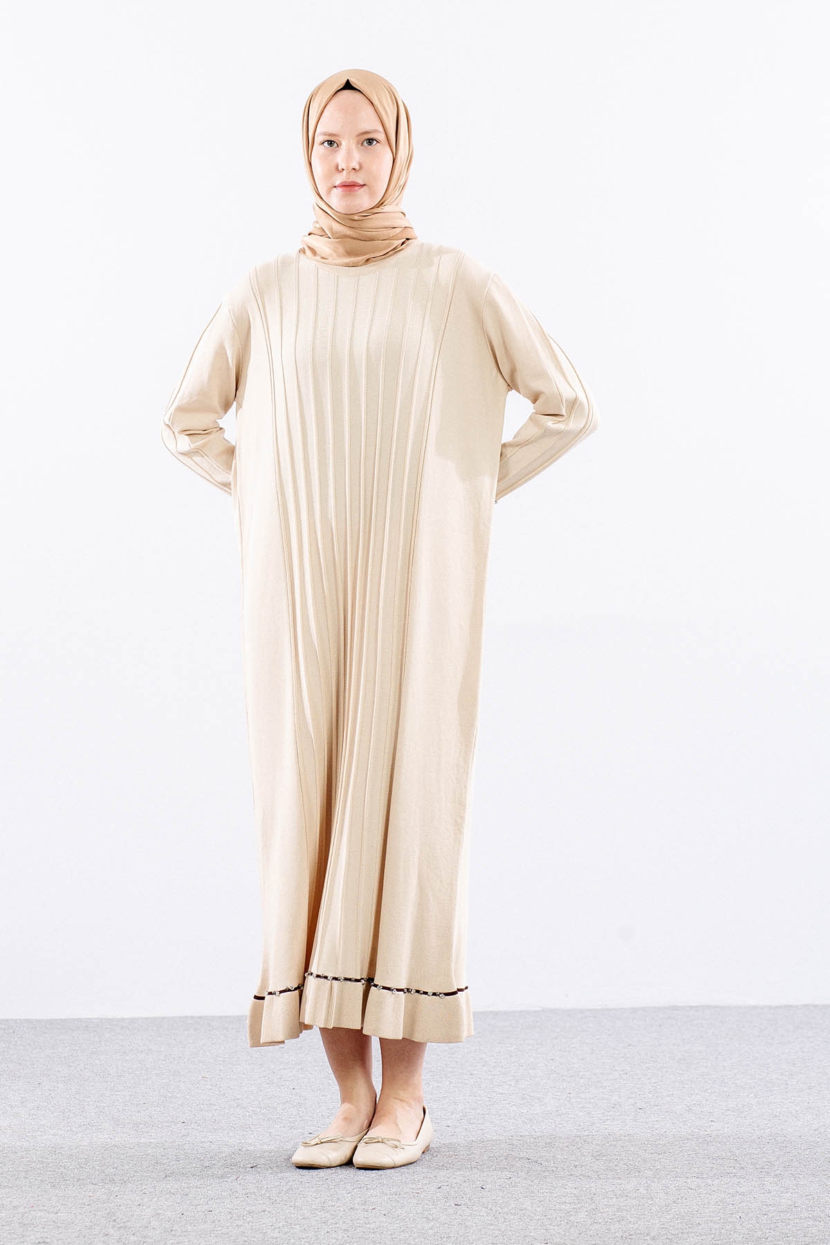 6745 Triko Elbise Tek - Bej - 3