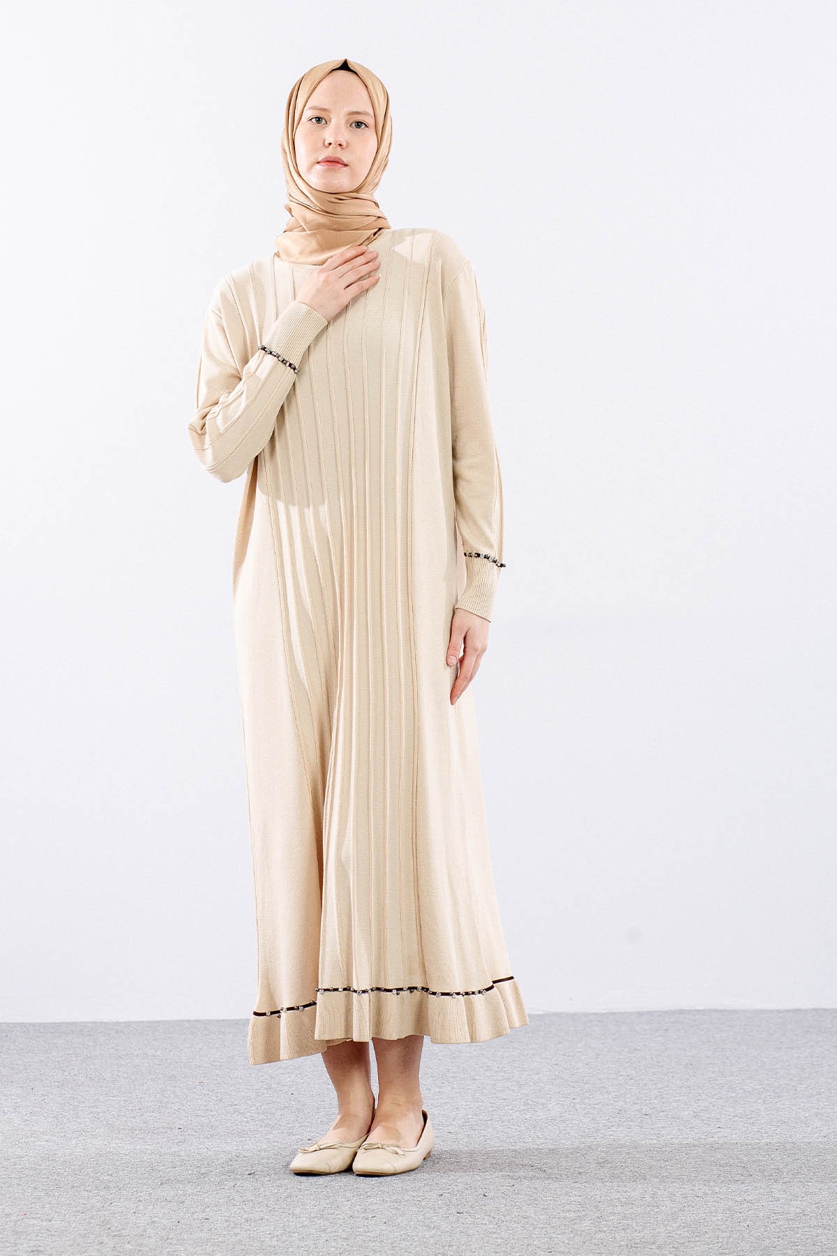 6745 Triko Elbise Tek - Bej - 4