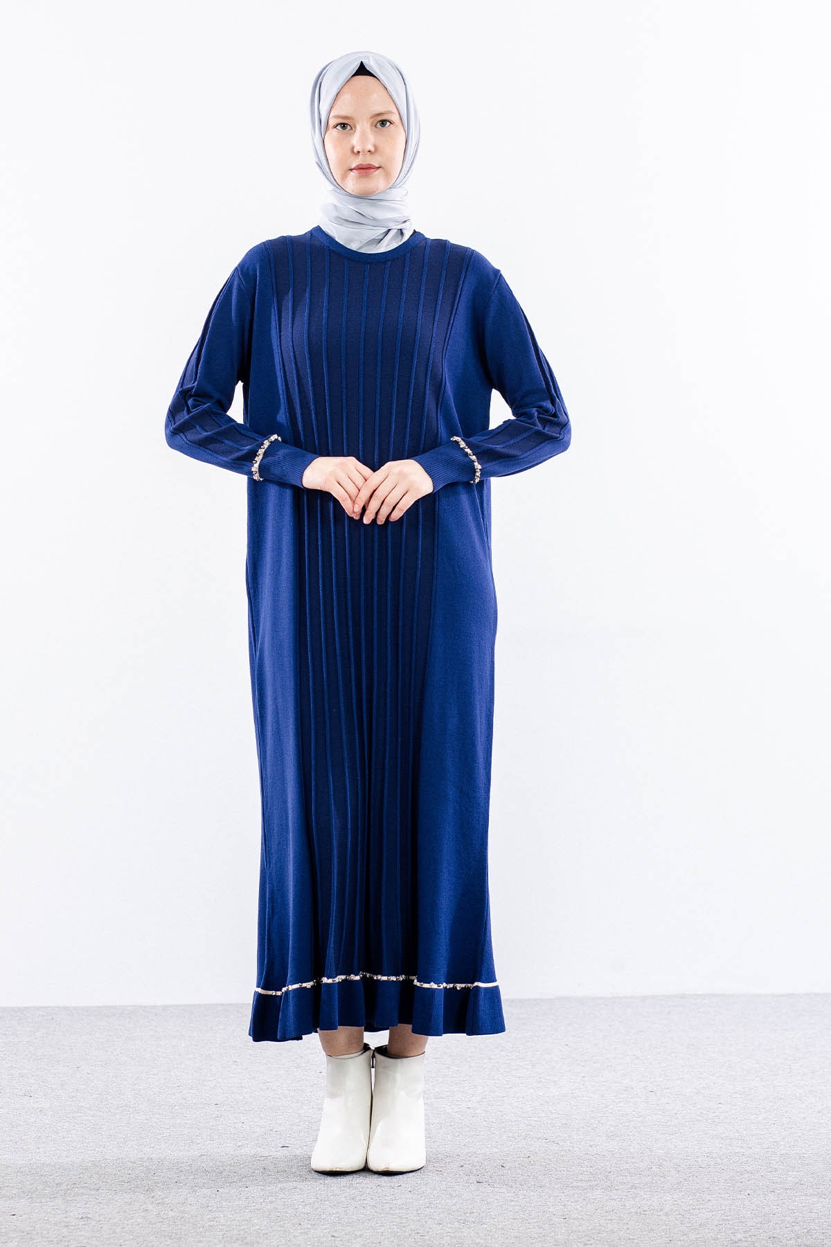 6745 Triko Elbise Tek - Lacivert - 1