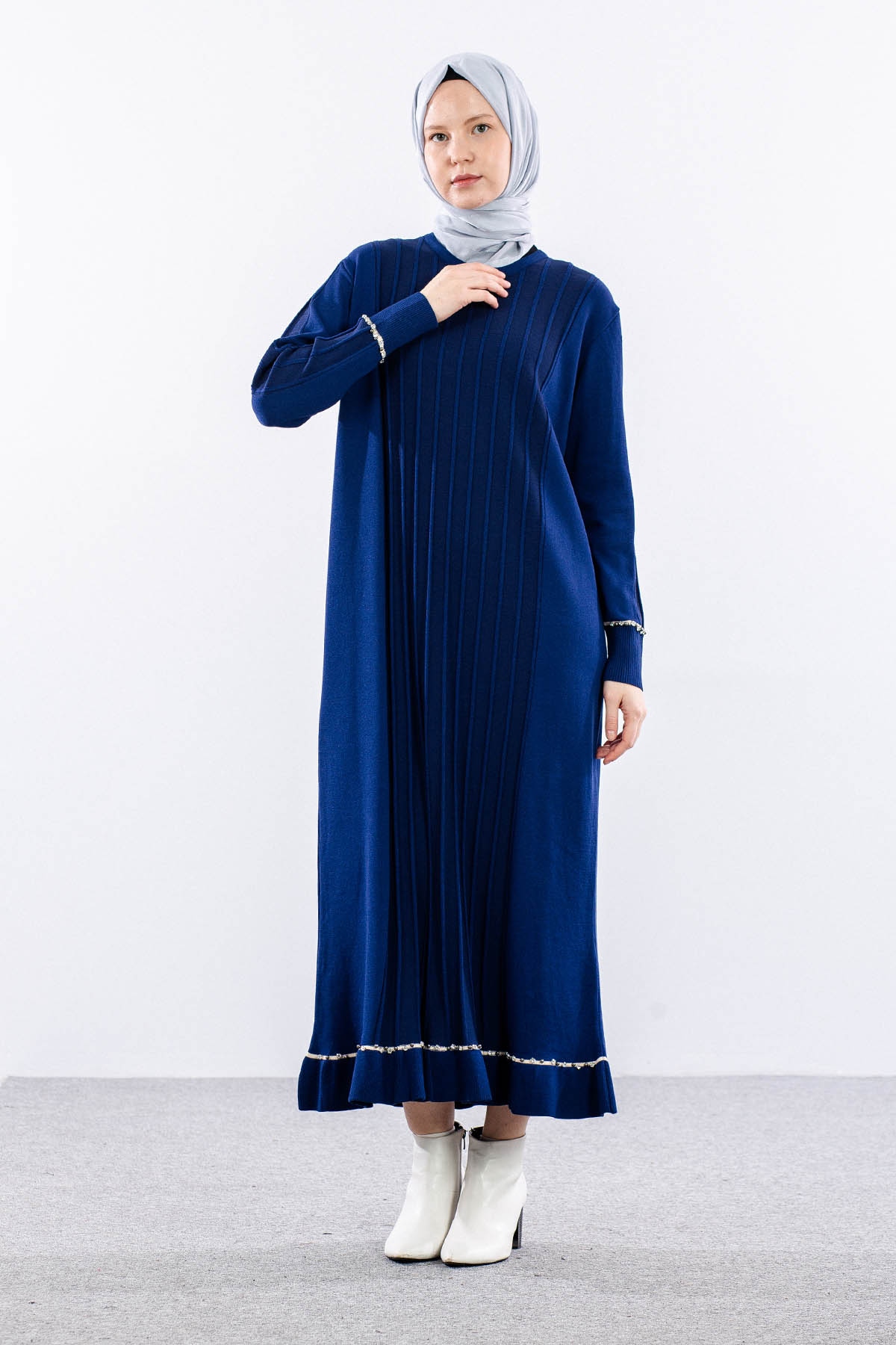 6745 Triko Elbise Tek - Lacivert - 4