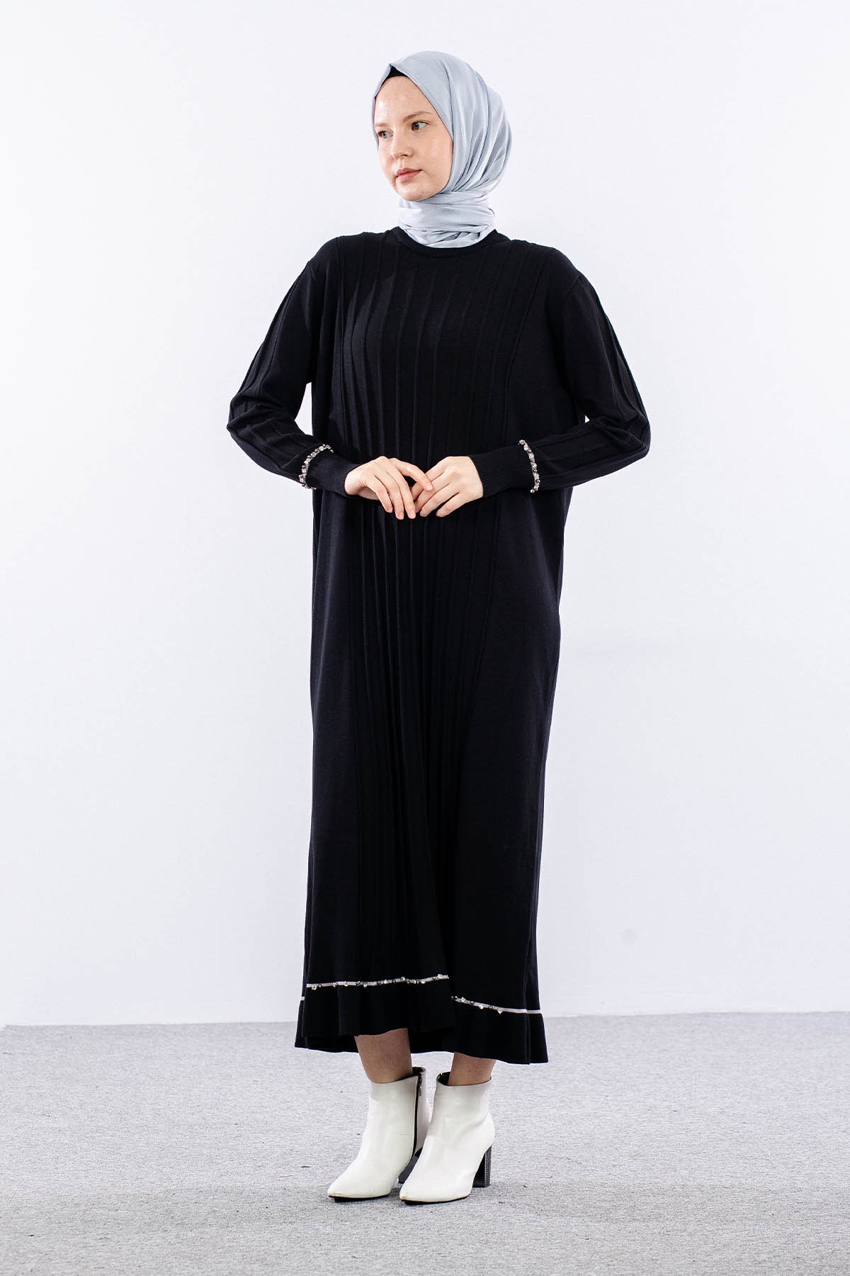 6745 Triko Elbise Tek - Siyah - 2