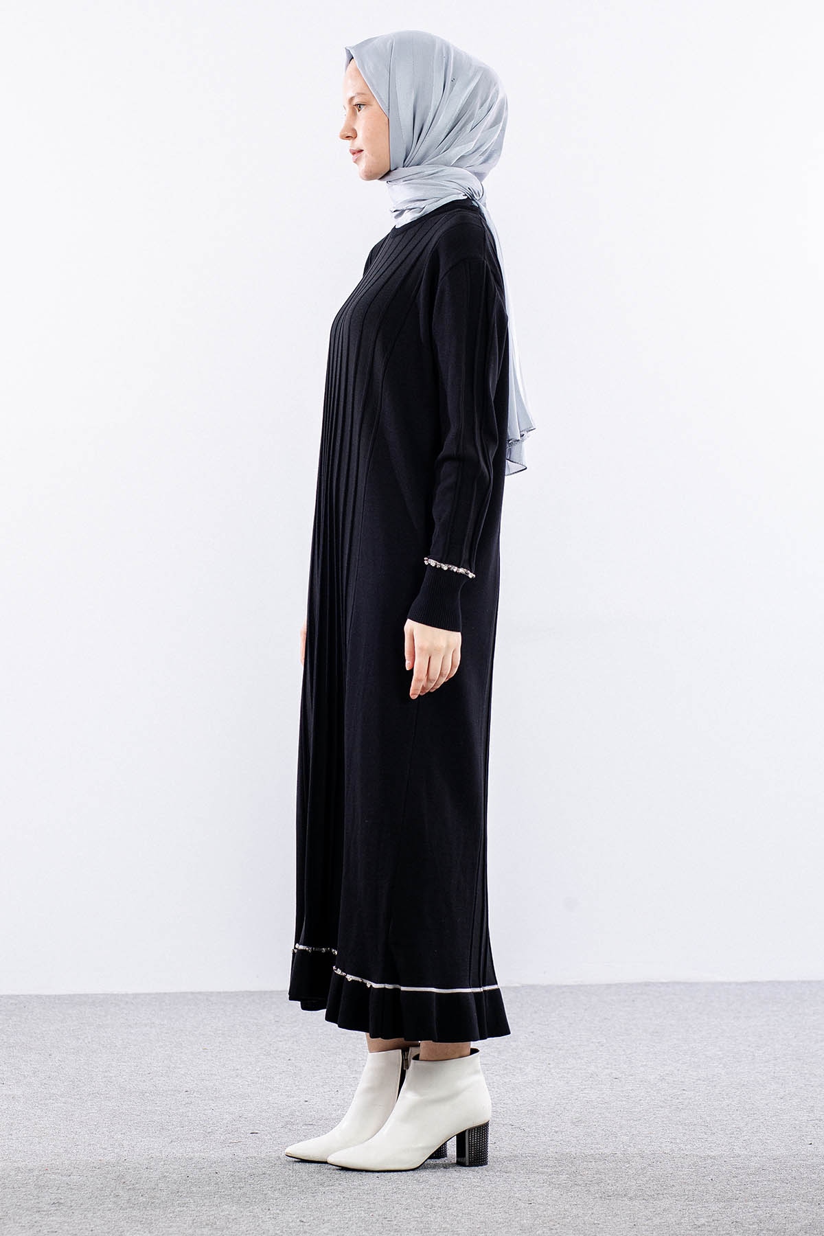 6745 Triko Elbise Tek - Siyah - 4