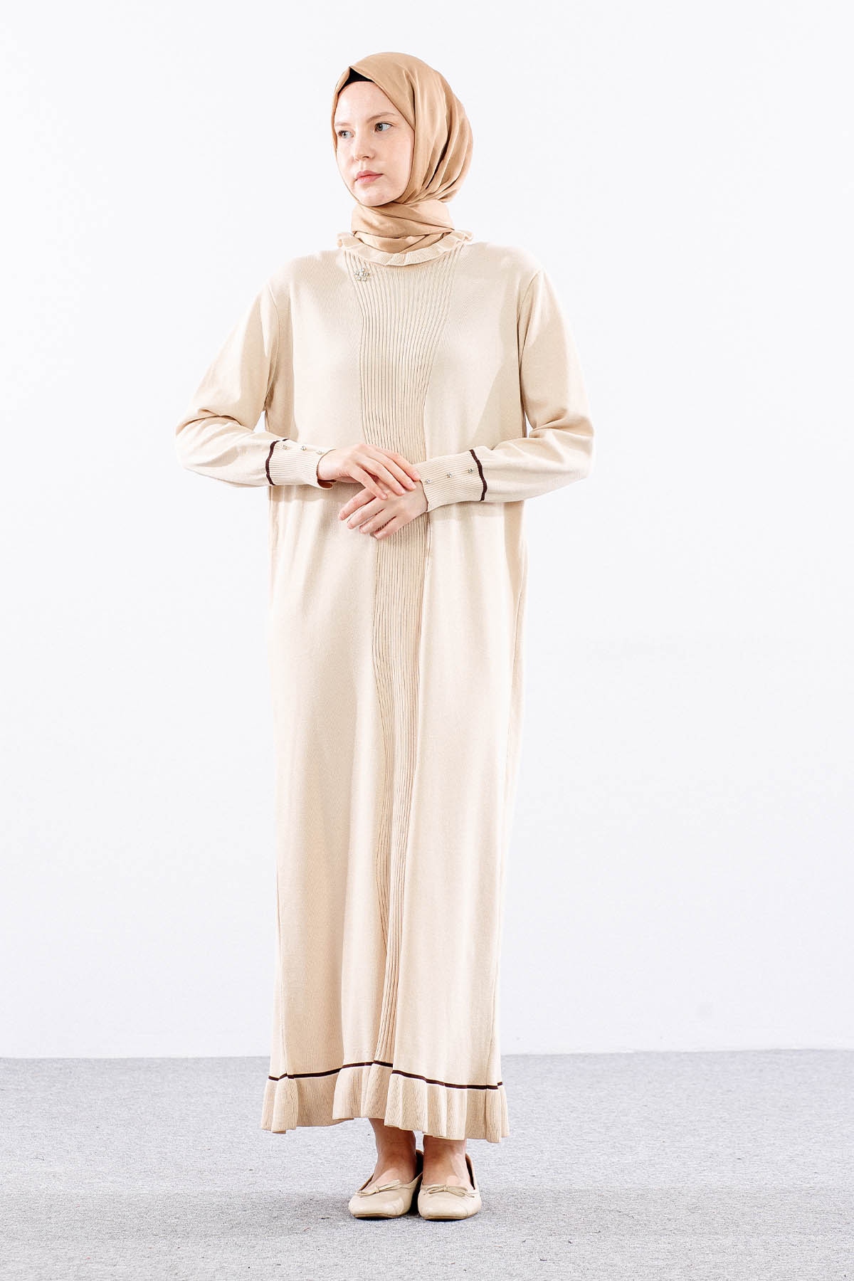 6825 Triko Elbise Tek Tasli - Bej - 2