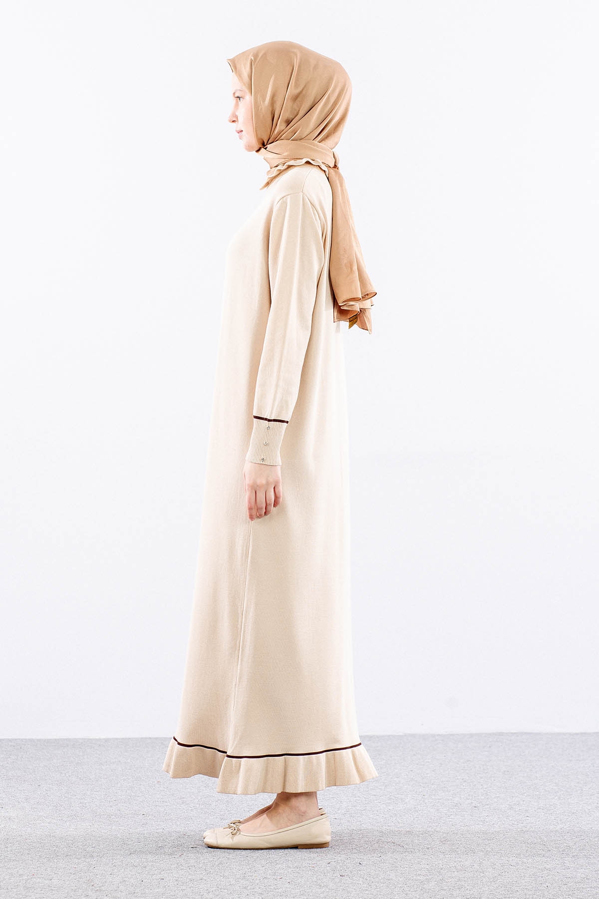 6825 Triko Elbise Tek Tasli - Bej - 5