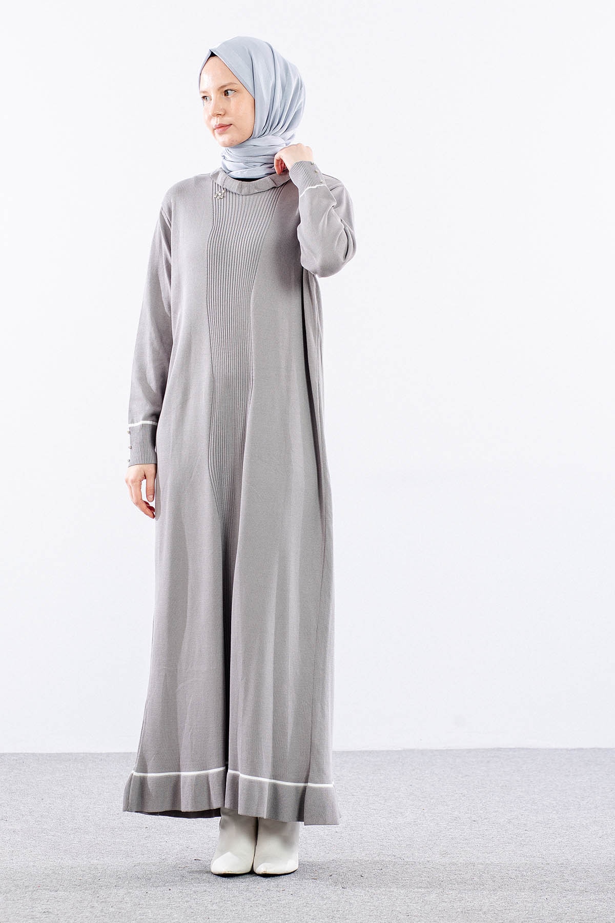 6825 Triko Elbise Tek Tasli - Gri - 3