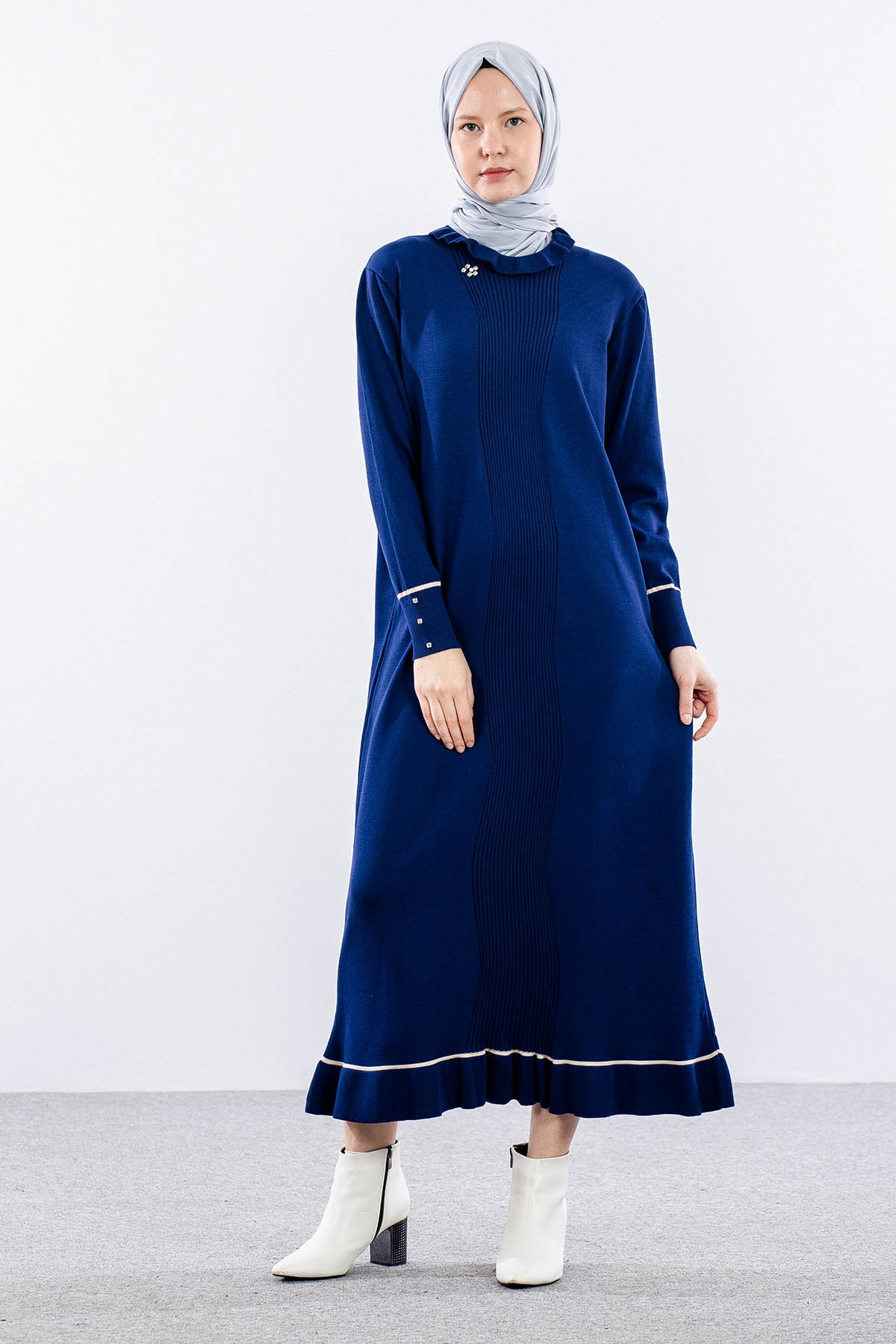 6825 Triko Elbise Tek Tasli - Indigo - 3