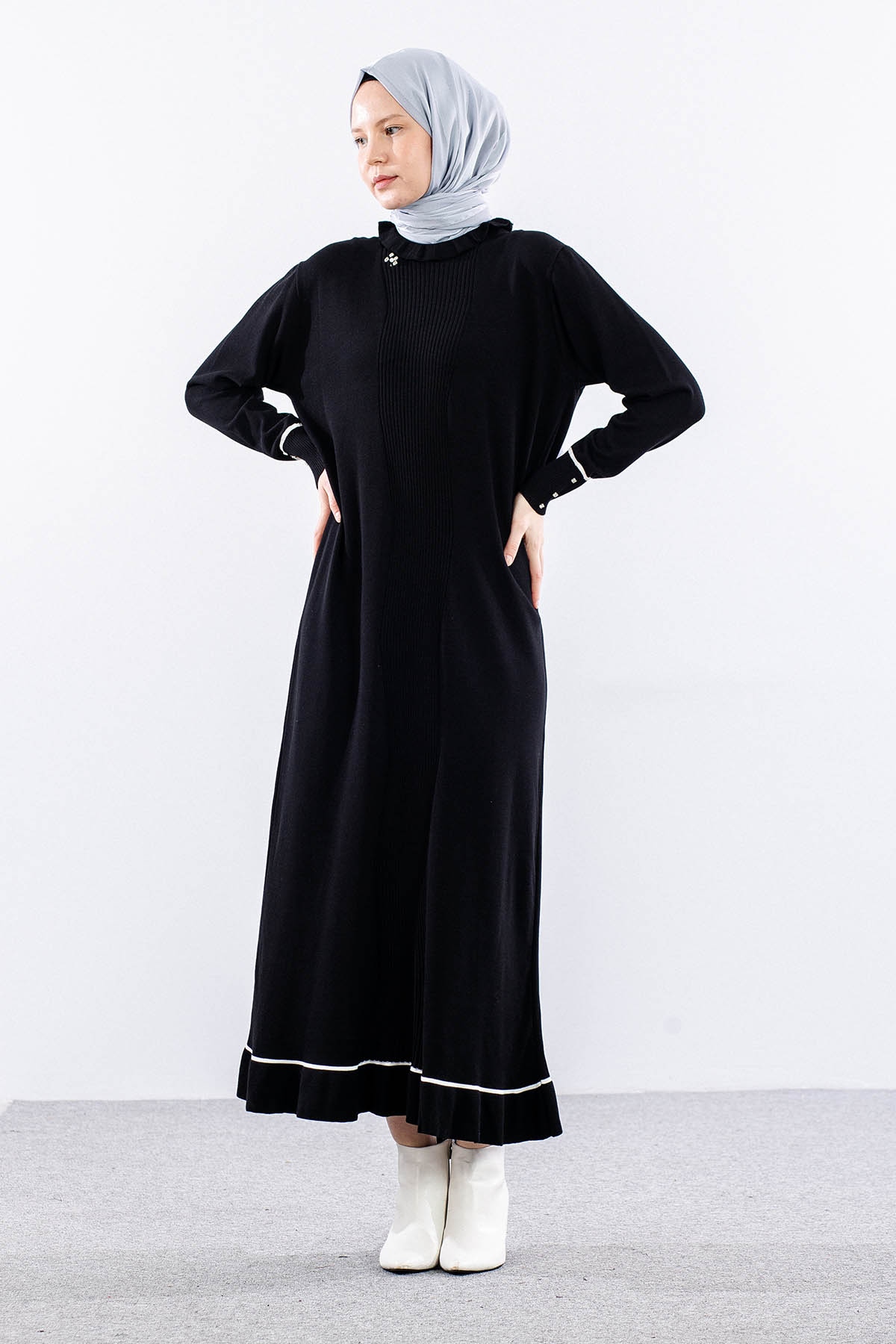 6825 Triko Elbise Tek Tasli - Siyah - 4