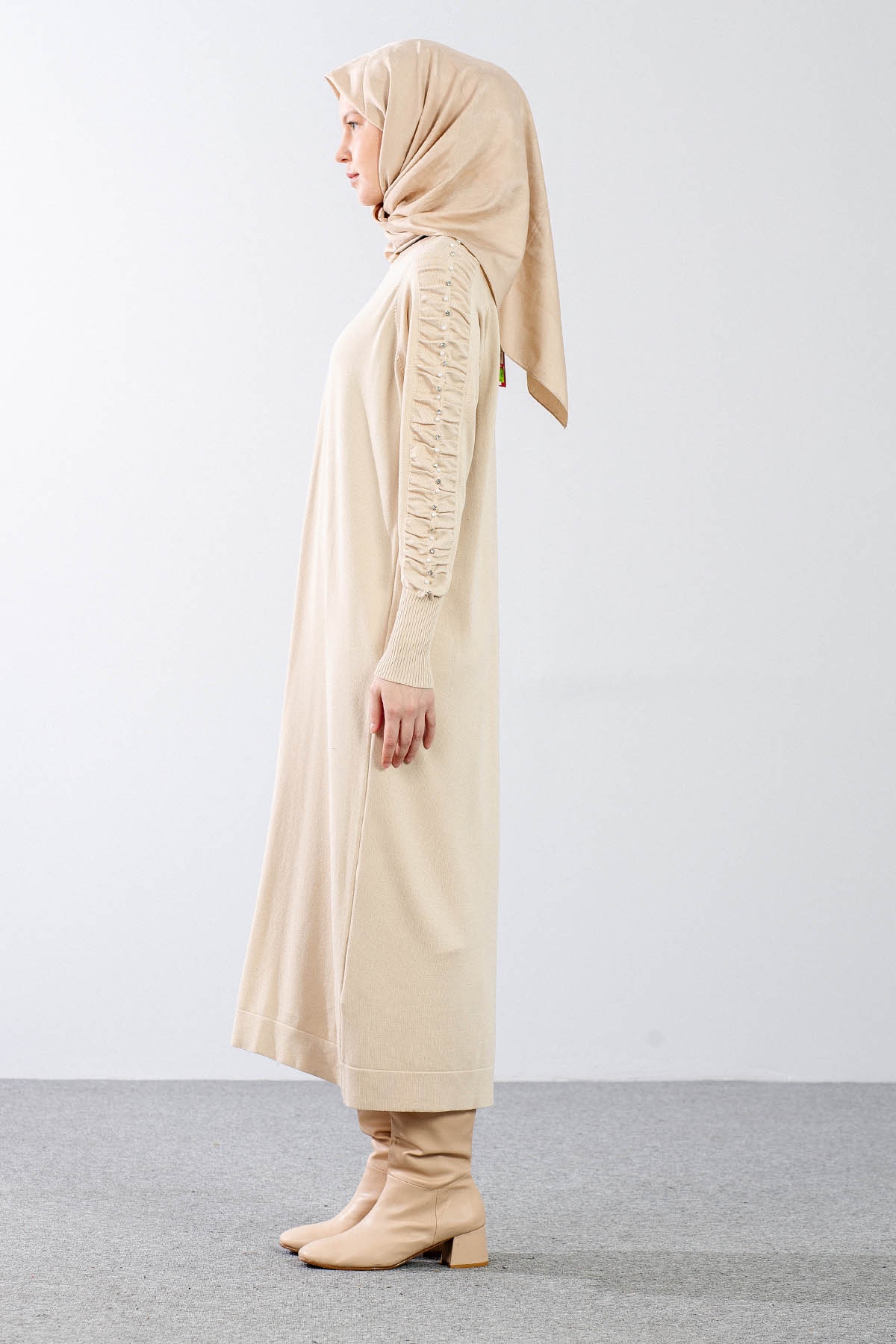 7055 Triko Elbise Tek - Bej - 4