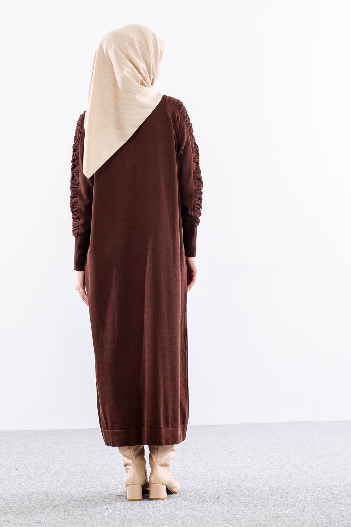 7055 Triko Elbise Tek - Kahve - 6