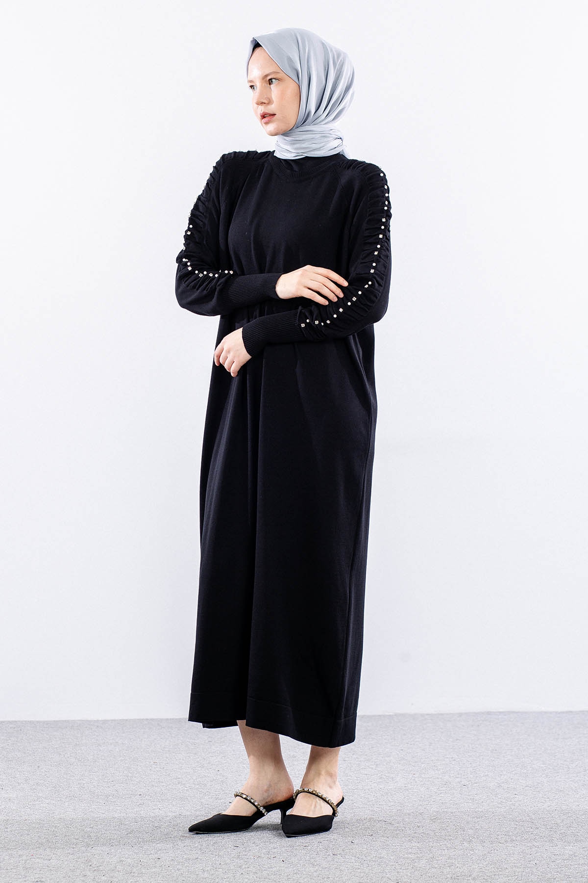 7055 Triko Elbise Tek - Siyah - 2