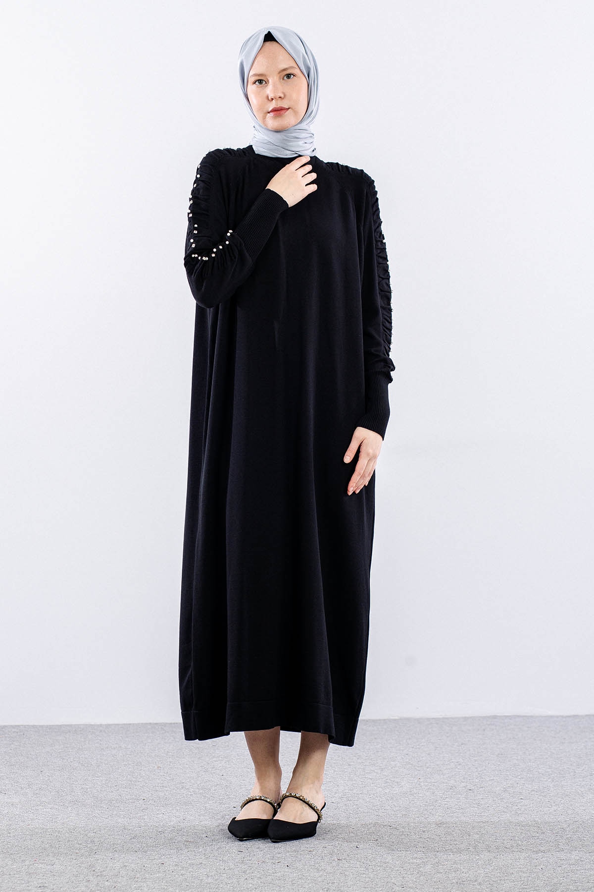 7055 Triko Elbise Tek - Siyah - 3