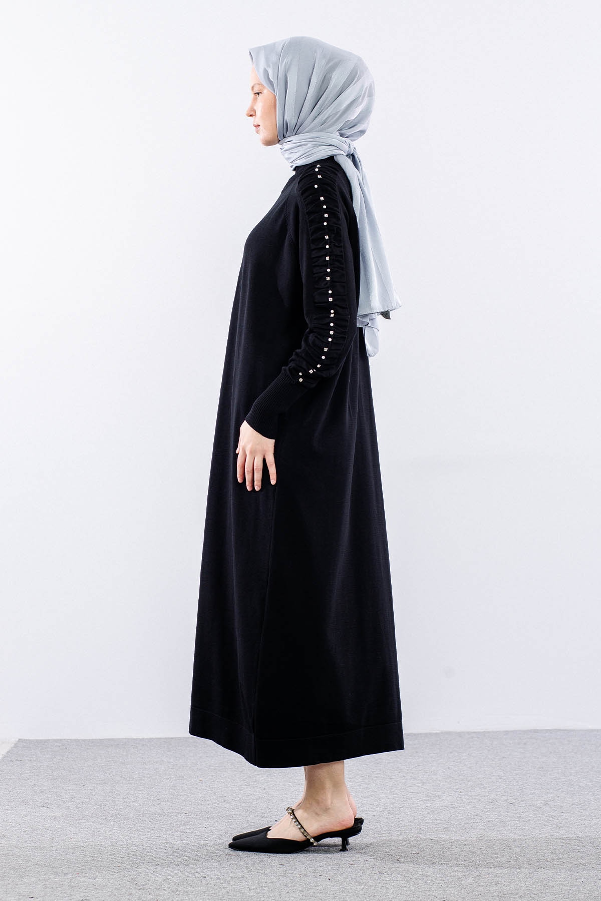 7055 Triko Elbise Tek - Siyah - 4