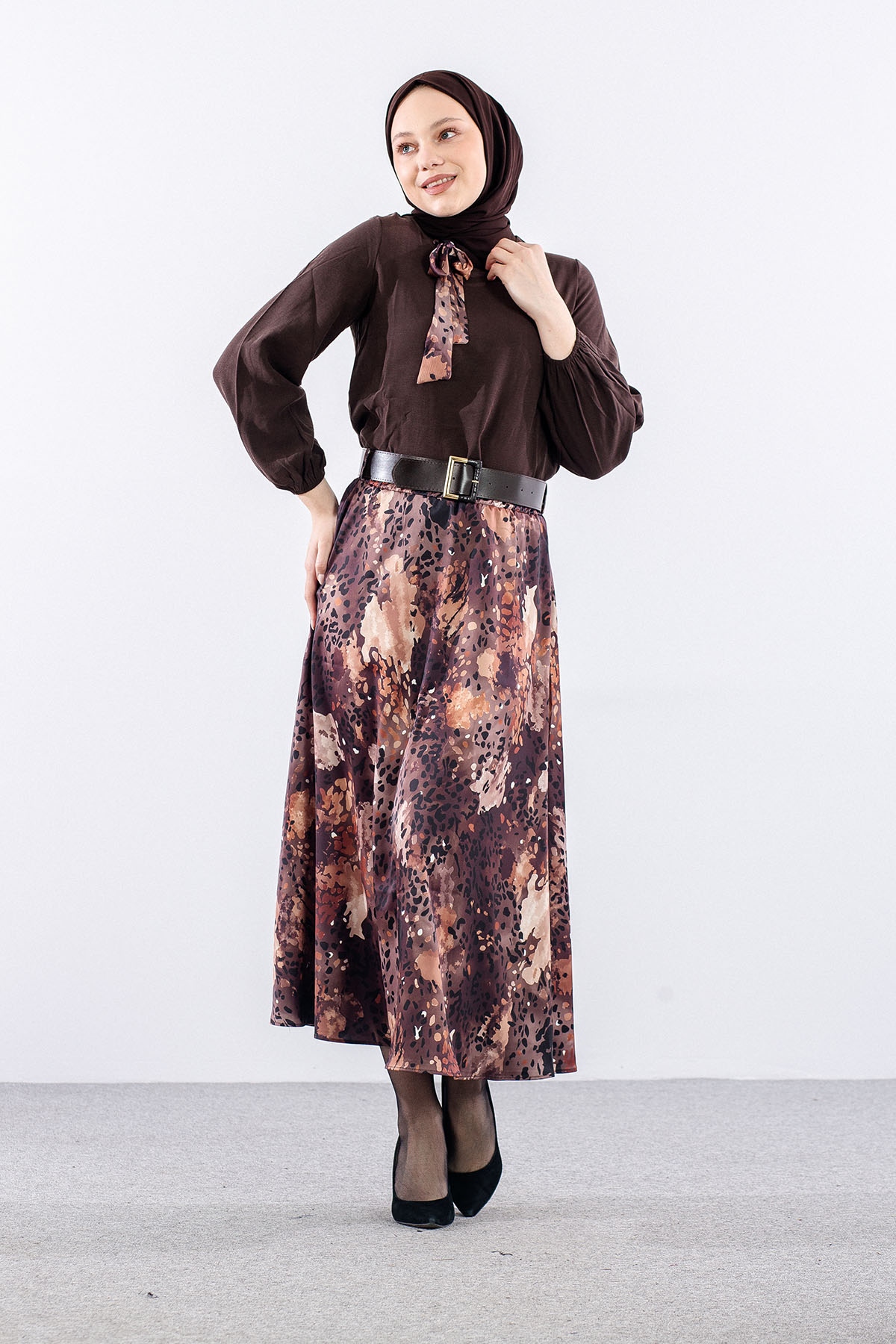 7724 E.takim 38-44 Saten Desen - Kahve - 1