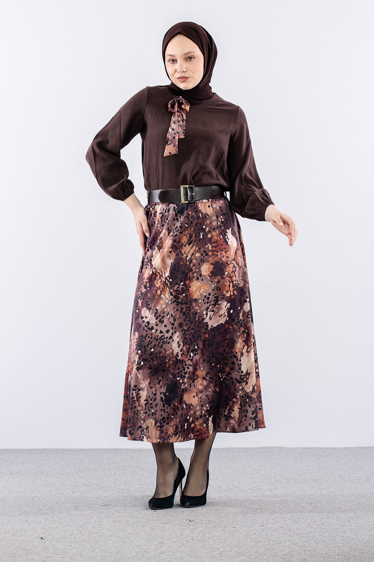 7724 E.takim 38-44 Saten Desen - Kahve - 2