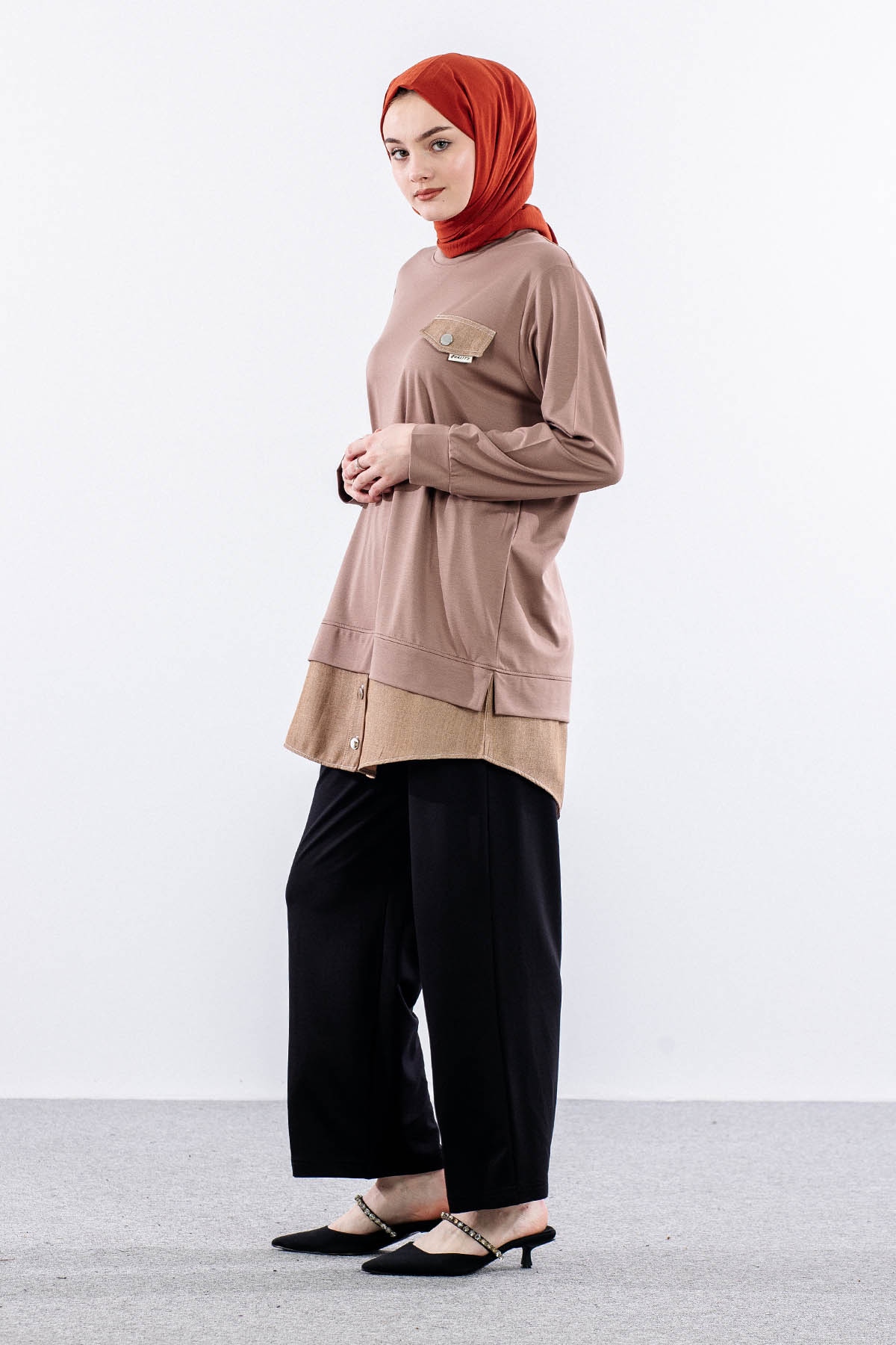 844-58 Tunik 40- Etekucu Kot Garni - Vizon - 3