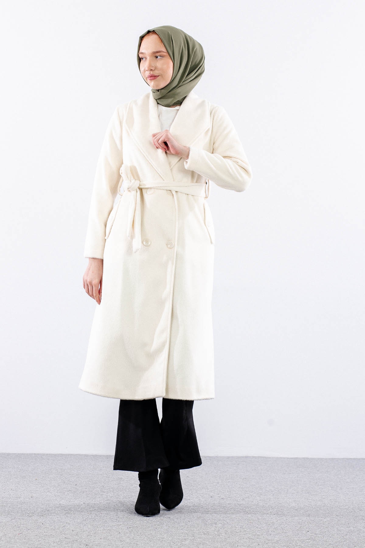 9144 Kaşe Kaban 38-48 - Ekru - 2