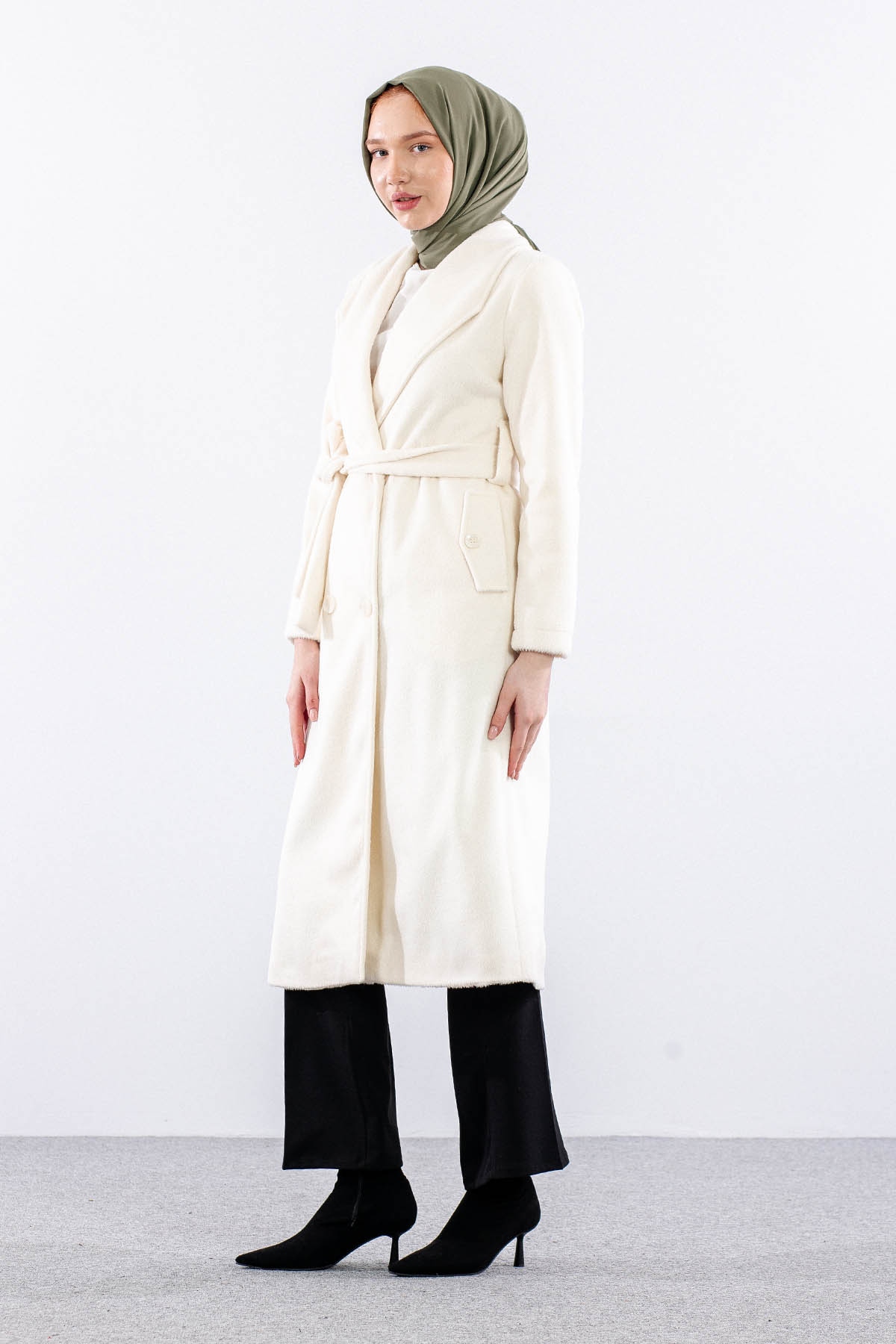 9144 Kaşe Kaban 38-48 - Ekru - 3