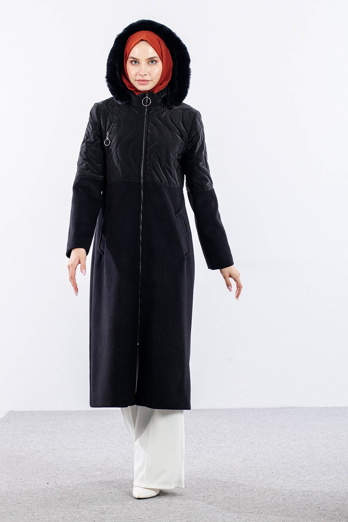 D-1457 Kaşe Kaban 38-42 Yari Kase Yari Sisme - Siyah - 2