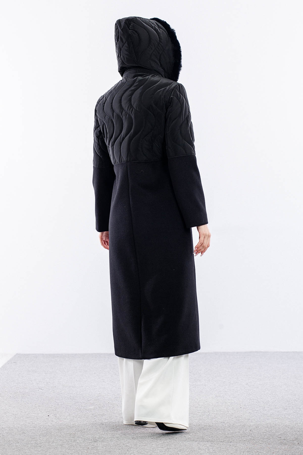 D-1457 Kaşe Kaban 38-42 Yari Kase Yari Sisme - Siyah - 4