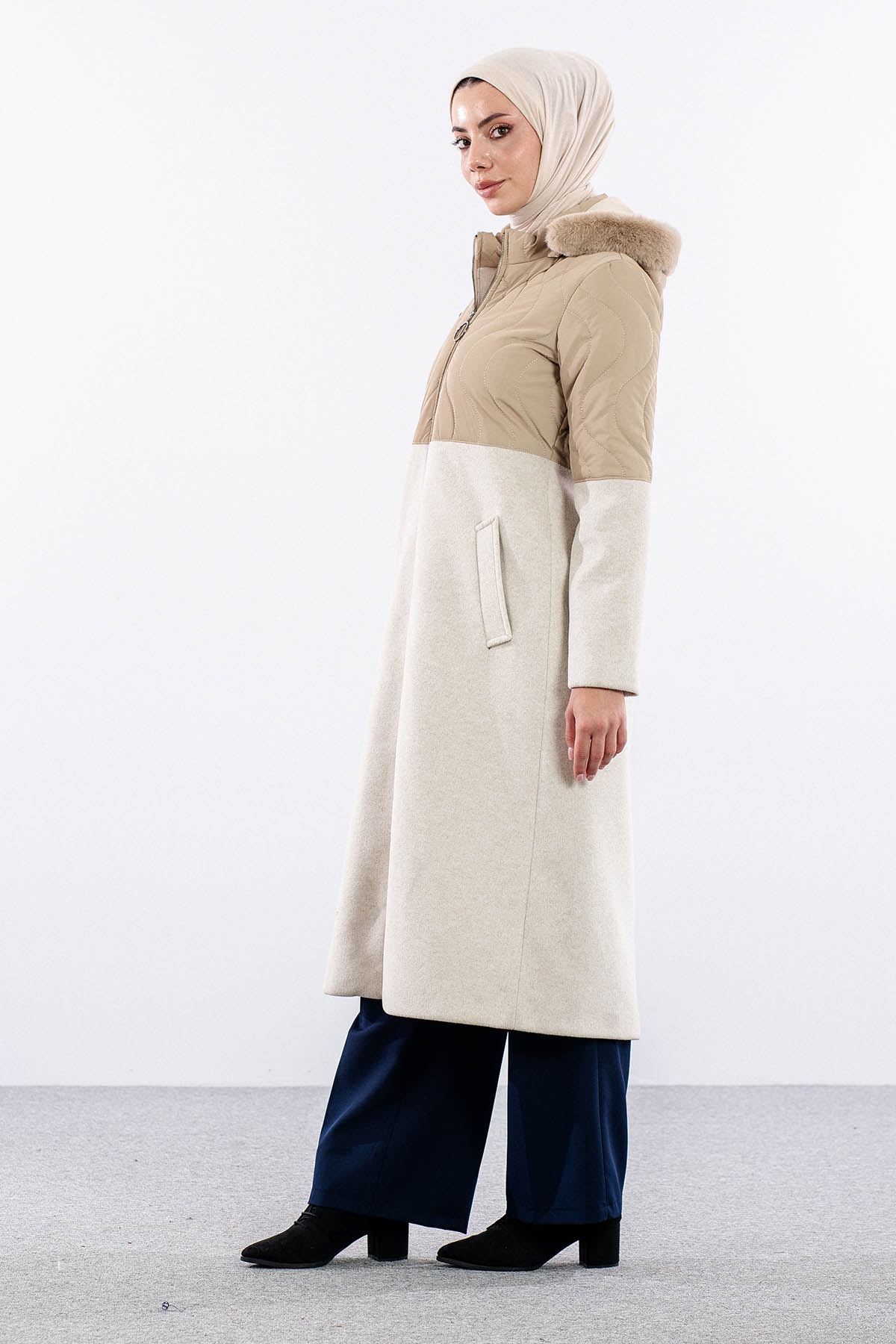 D-1458 Kaşe Kaban 38-44 Yari Kase Yari Sisme - Bej - 3