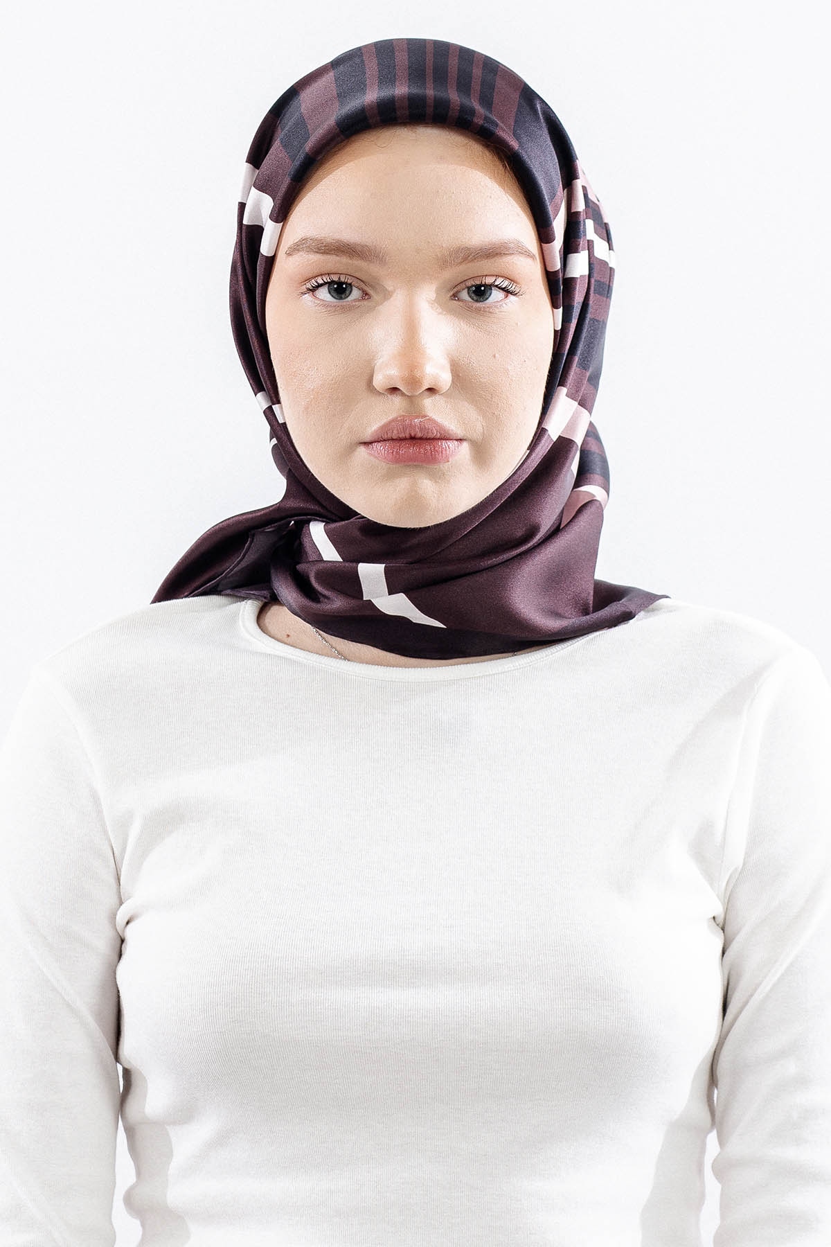 Dg13139 İpek Eşarp Cizgi Tvil Kumas - Kahve - 1