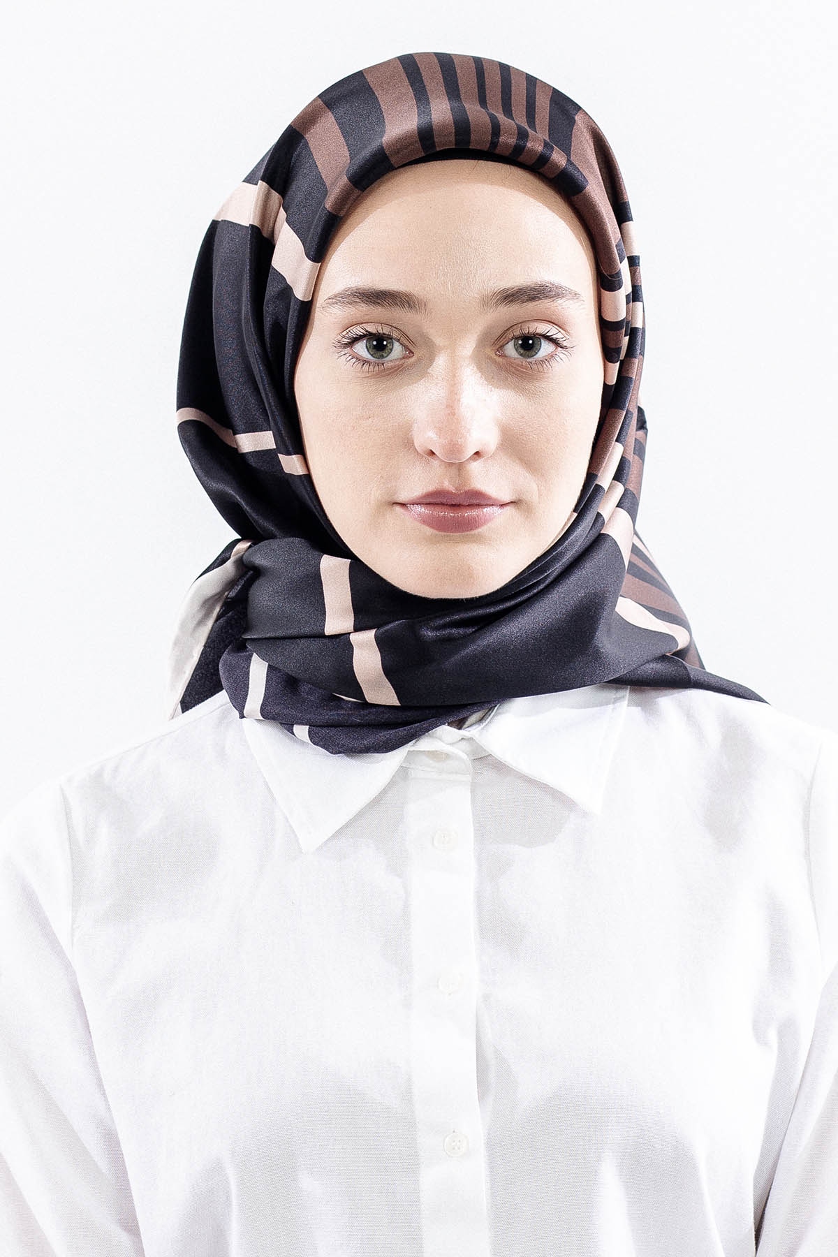 Dg13139 İpek Eşarp Cizgi Tvil Kumas - Siyah_bej - 1