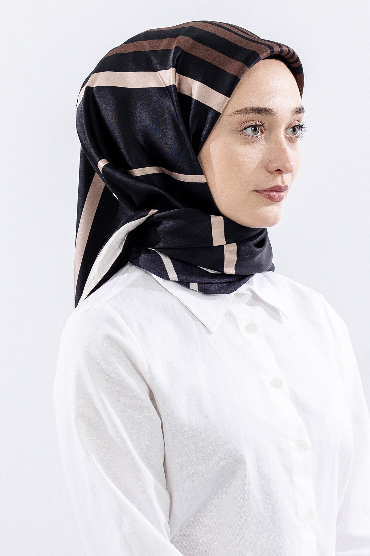 Dg13139 İpek Eşarp Cizgi Tvil Kumas - Siyah_bej - 2