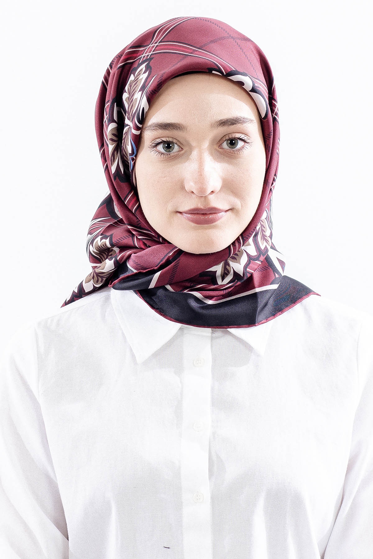 Dg14815 İpek Eşarp Kare Yaprak Tvil Kumas - Bordo - 1