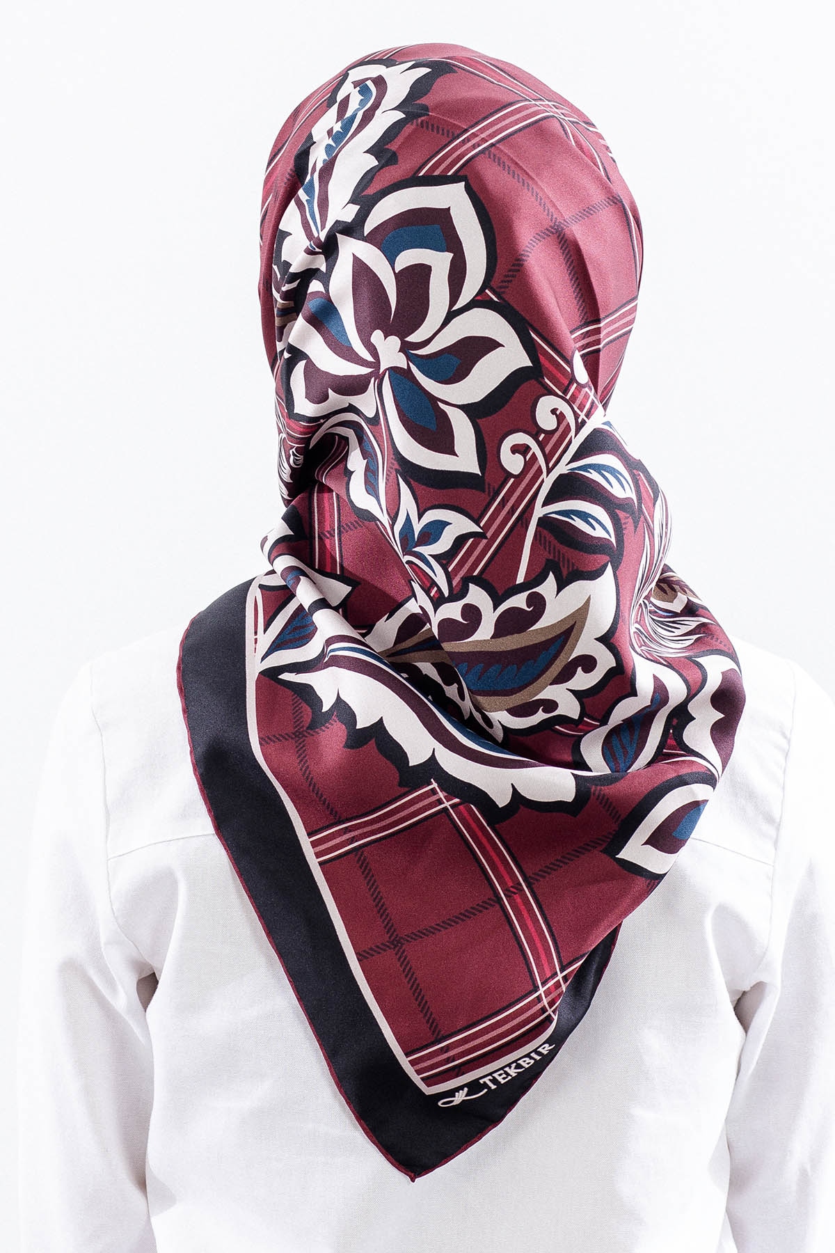 Dg14815 İpek Eşarp Kare Yaprak Tvil Kumas - Bordo - 4