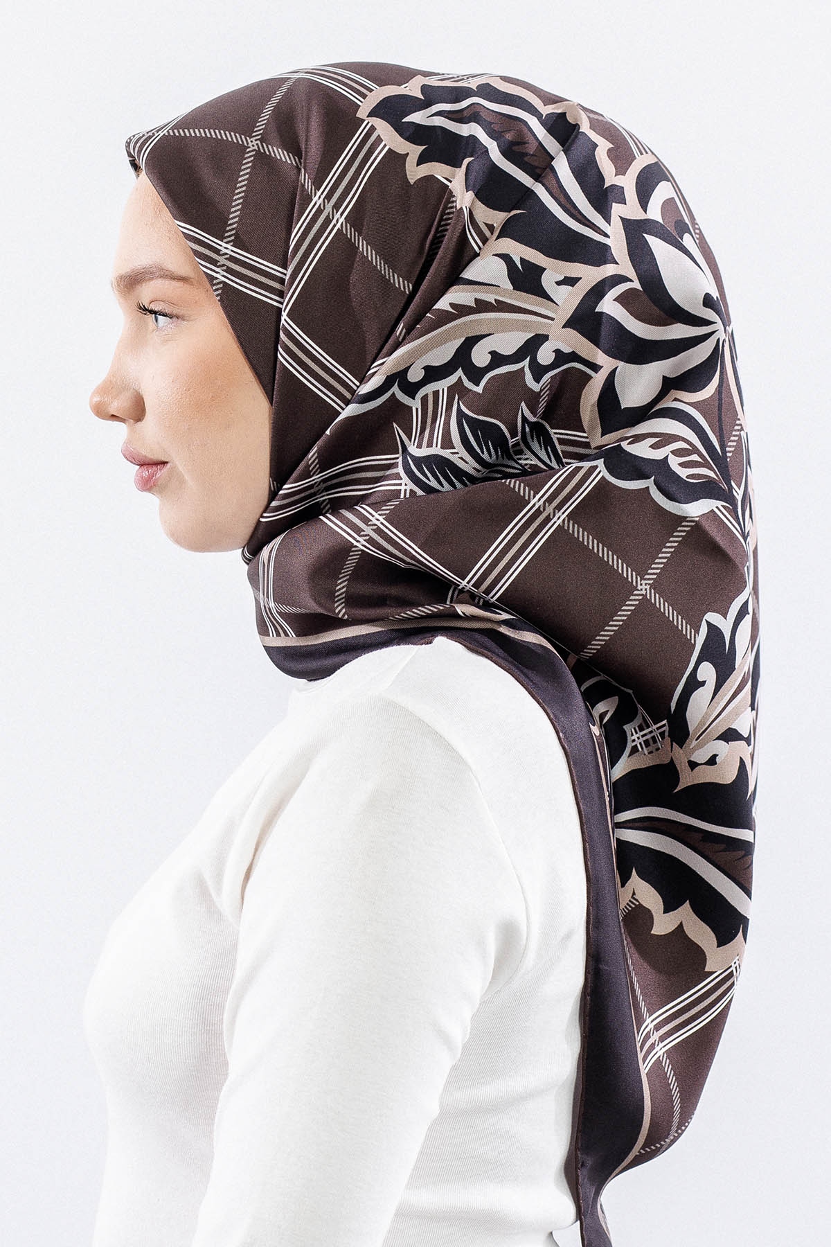 Dg14815 İpek Eşarp Kare Yaprak Tvil Kumas - K_kahve - 3