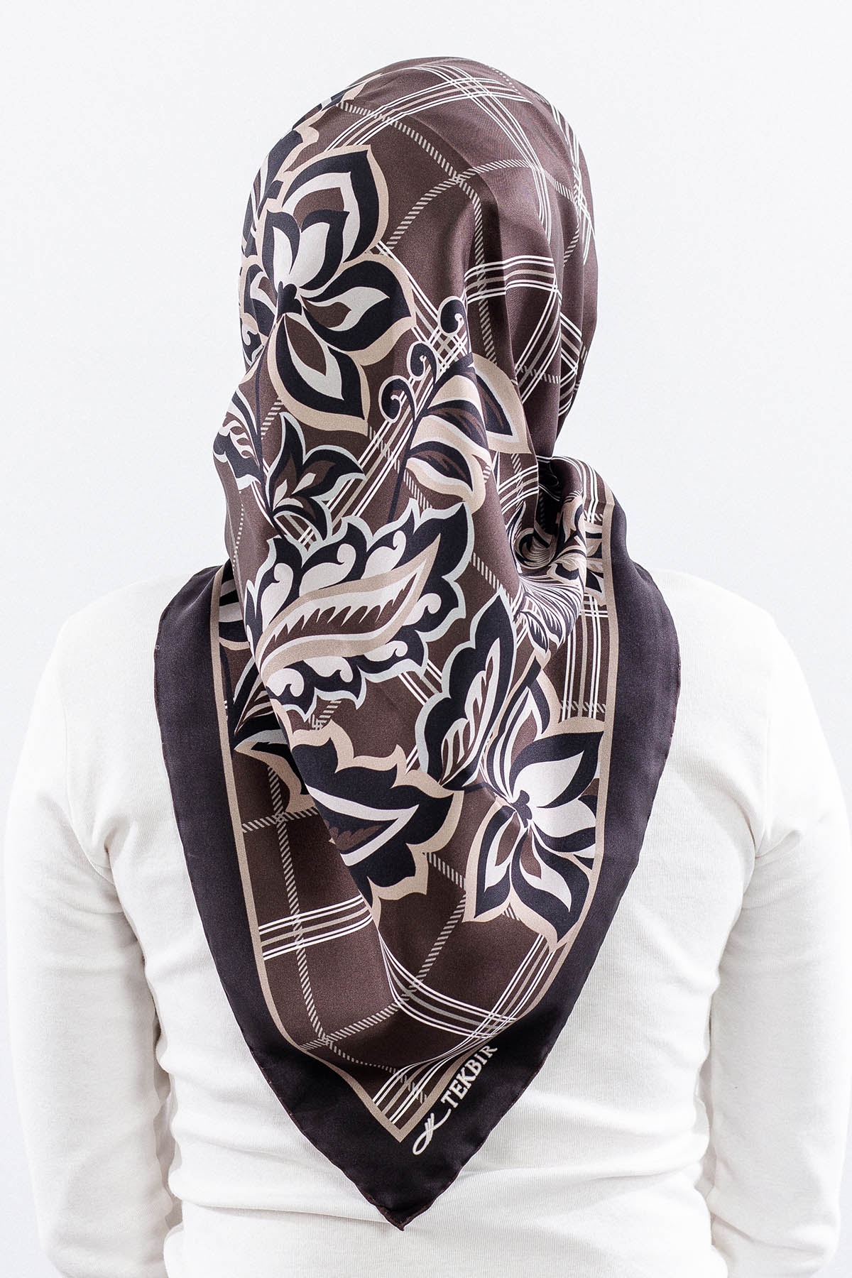 Dg14815 İpek Eşarp Kare Yaprak Tvil Kumas - K_kahve - 4