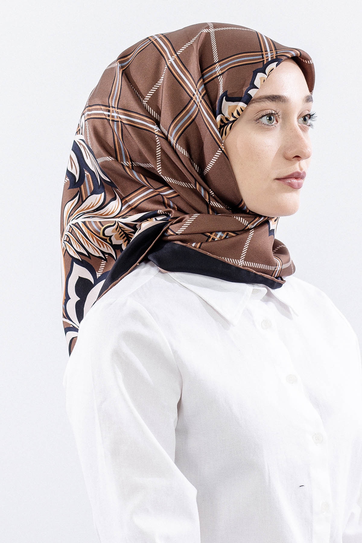 Dg14815 İpek Eşarp Kare Yaprak Tvil Kumas - Kahve - 2