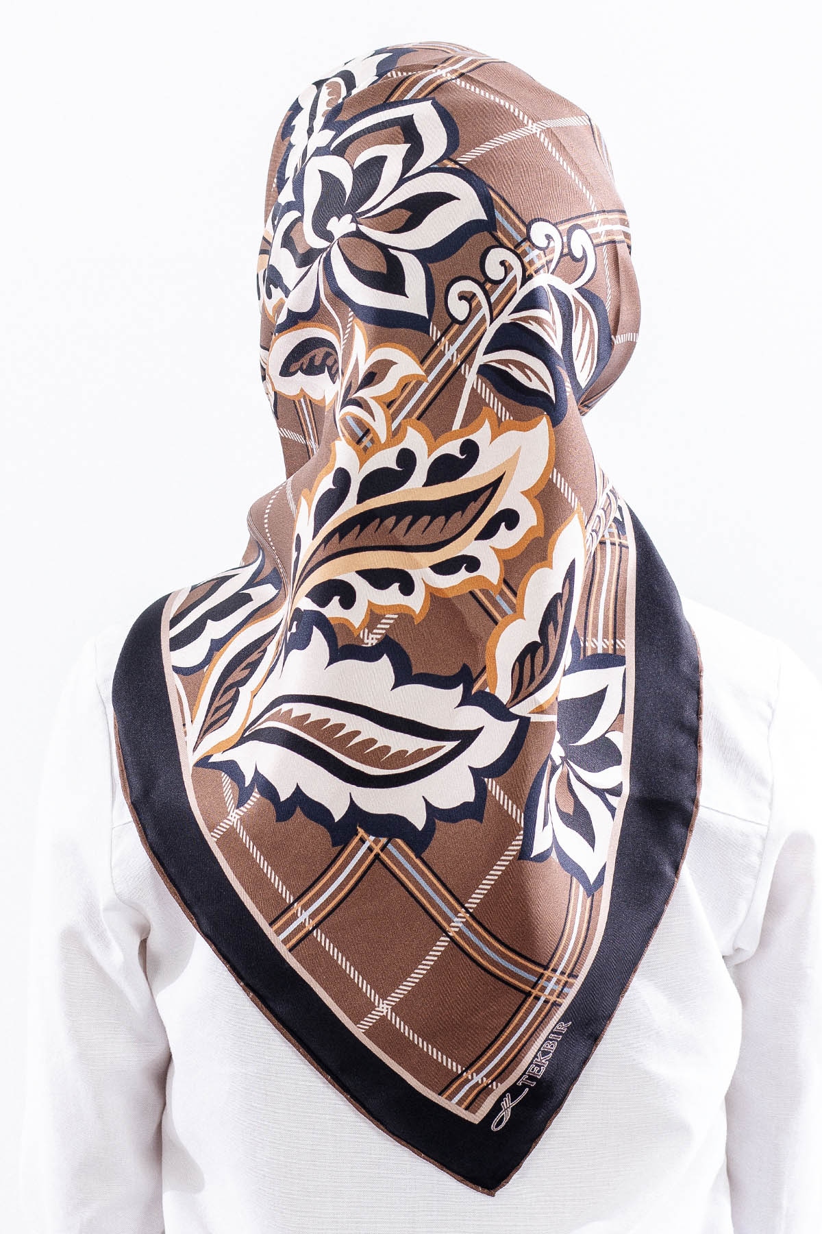 Dg14815 İpek Eşarp Kare Yaprak Tvil Kumas - Kahve - 4