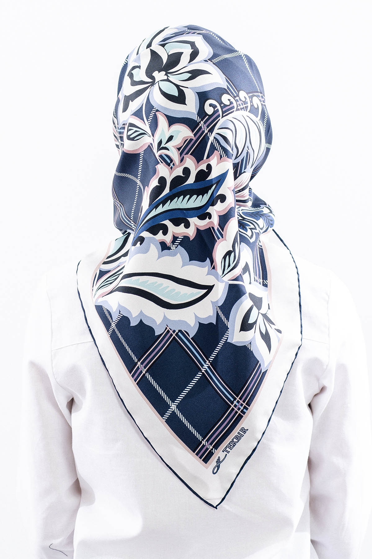 Dg14815 İpek Eşarp Kare Yaprak Tvil Kumas - Lacivert_tas - 4