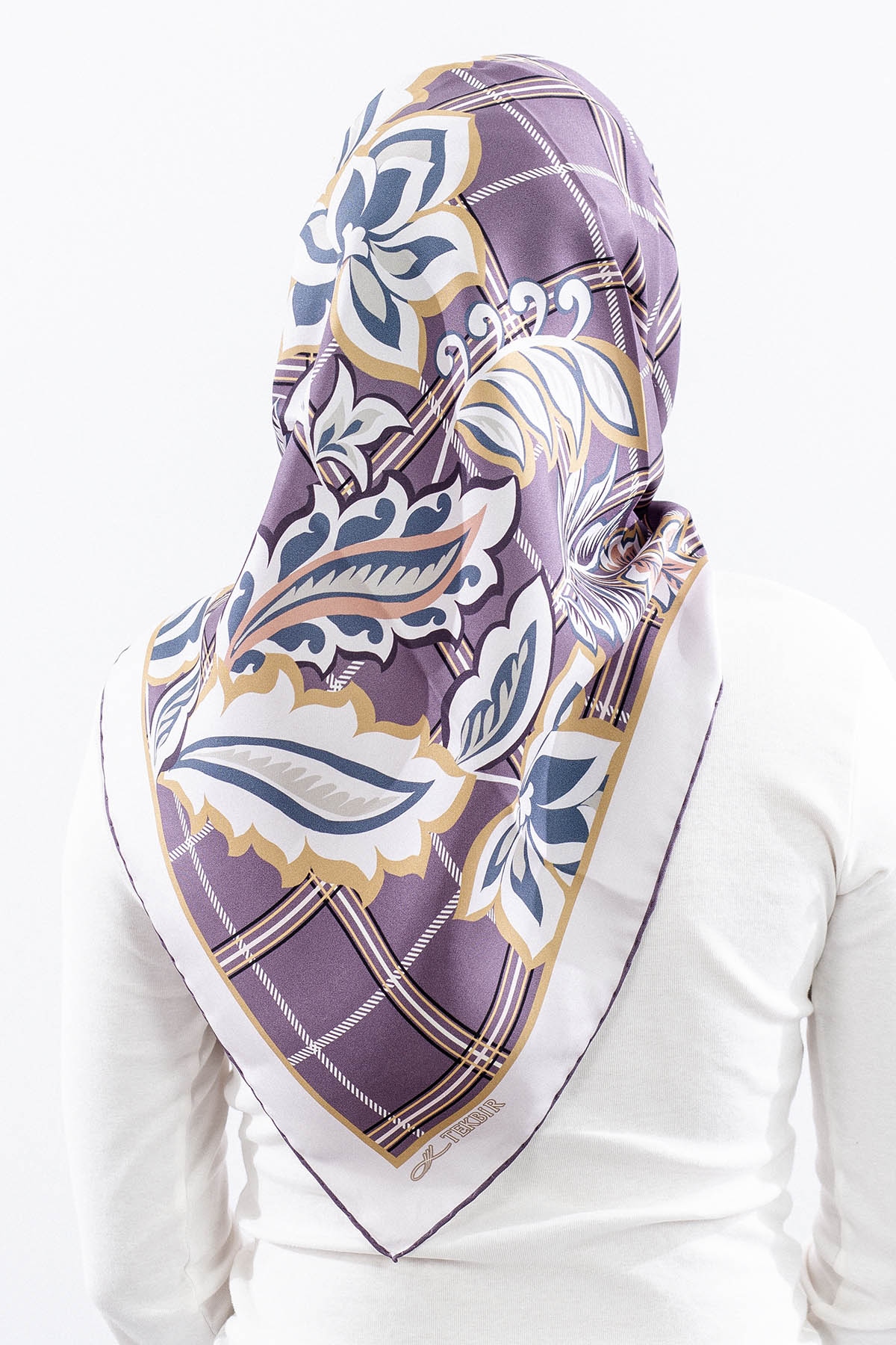 Dg14815 İpek Eşarp Kare Yaprak Tvil Kumas - Lila - 4