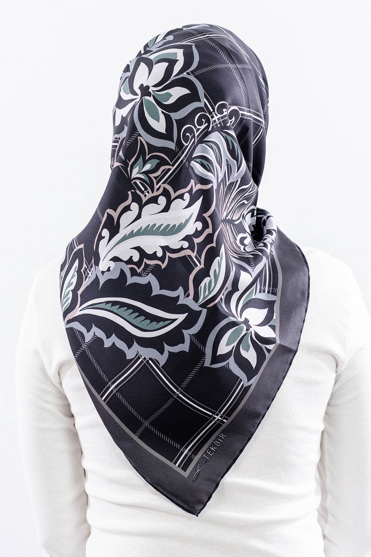 Dg14815 İpek Eşarp Kare Yaprak Tvil Kumas - Siyah - 4