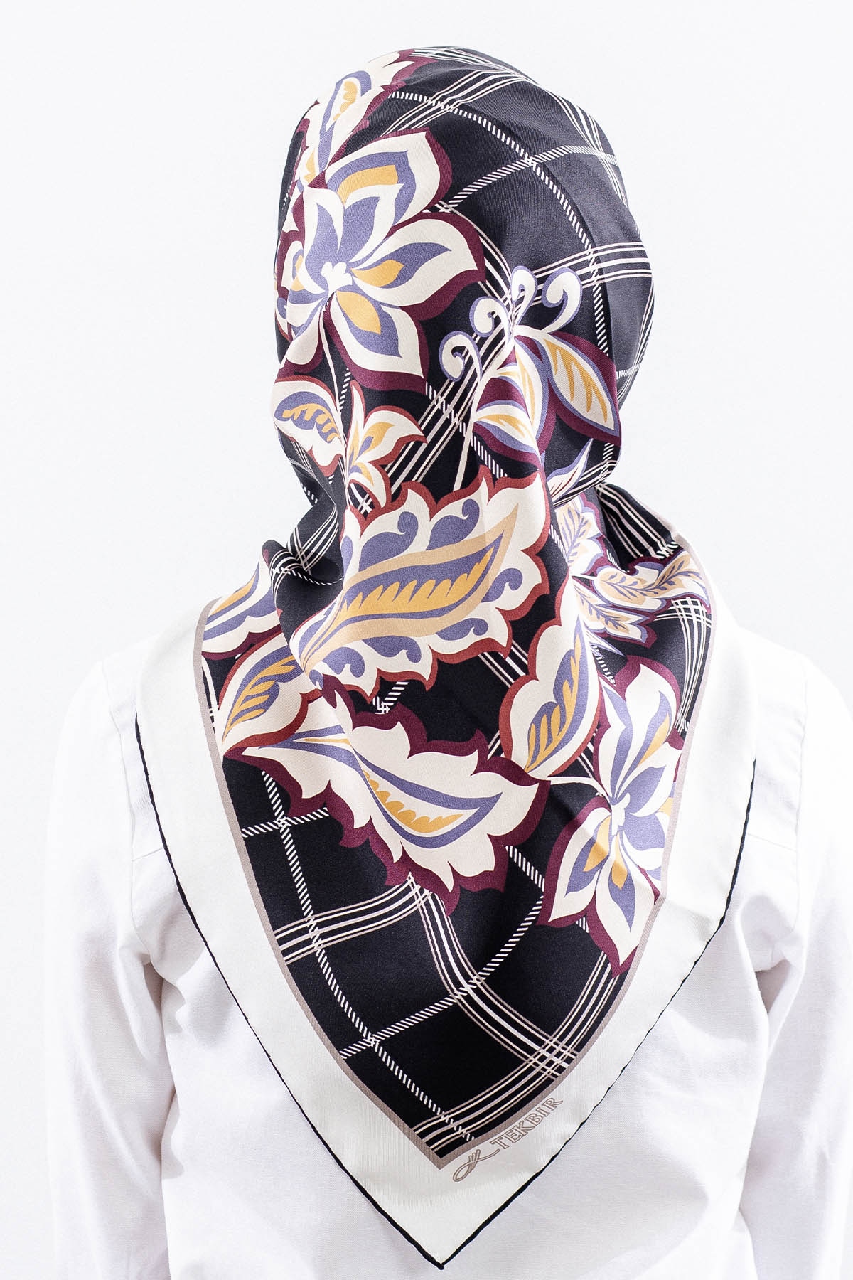 Dg14815 İpek Eşarp Kare Yaprak Tvil Kumas - Siyah_bordo - 4