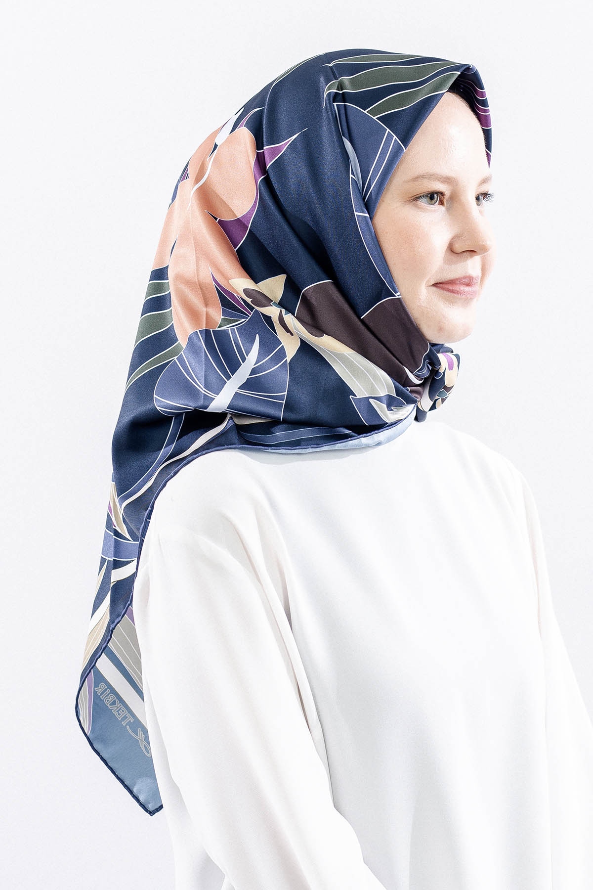 Dg14817 Polyester Eşarp Yaprak - Lacivert - 2