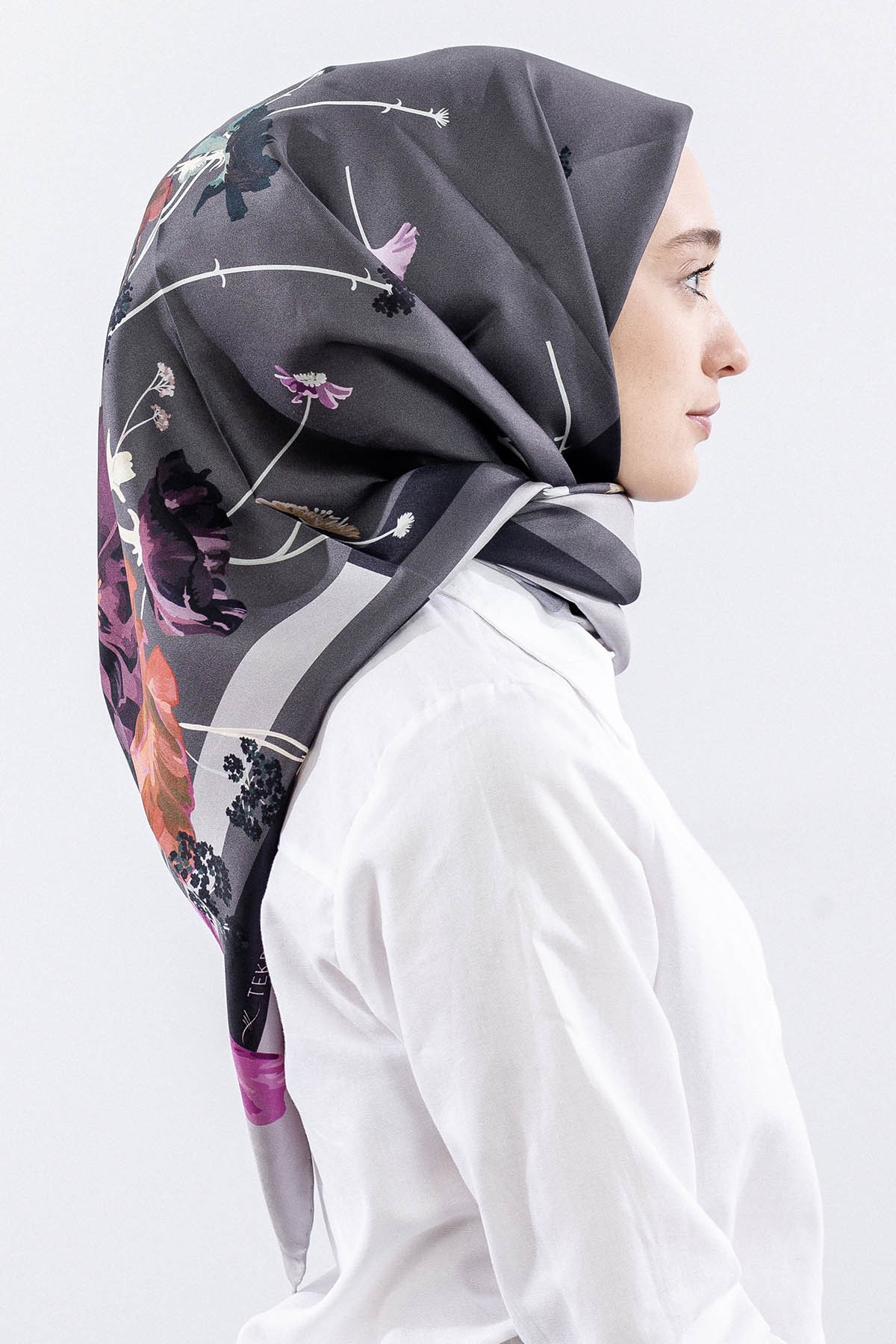 Dg14821 İpek Eşarp Nilufer Tvil Kumas - Gri - 3