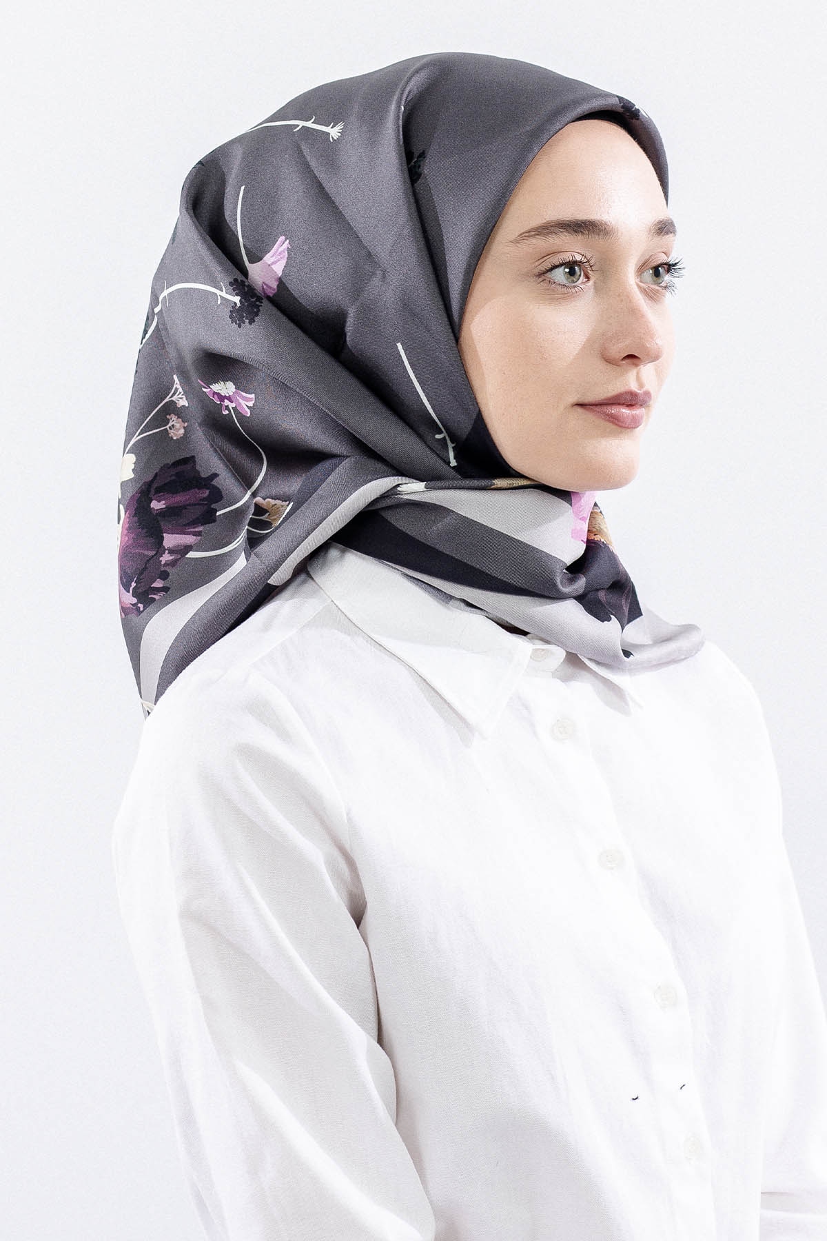 Dg14821 İpek Eşarp Nilufer Tvil Kumas - Gri - 6