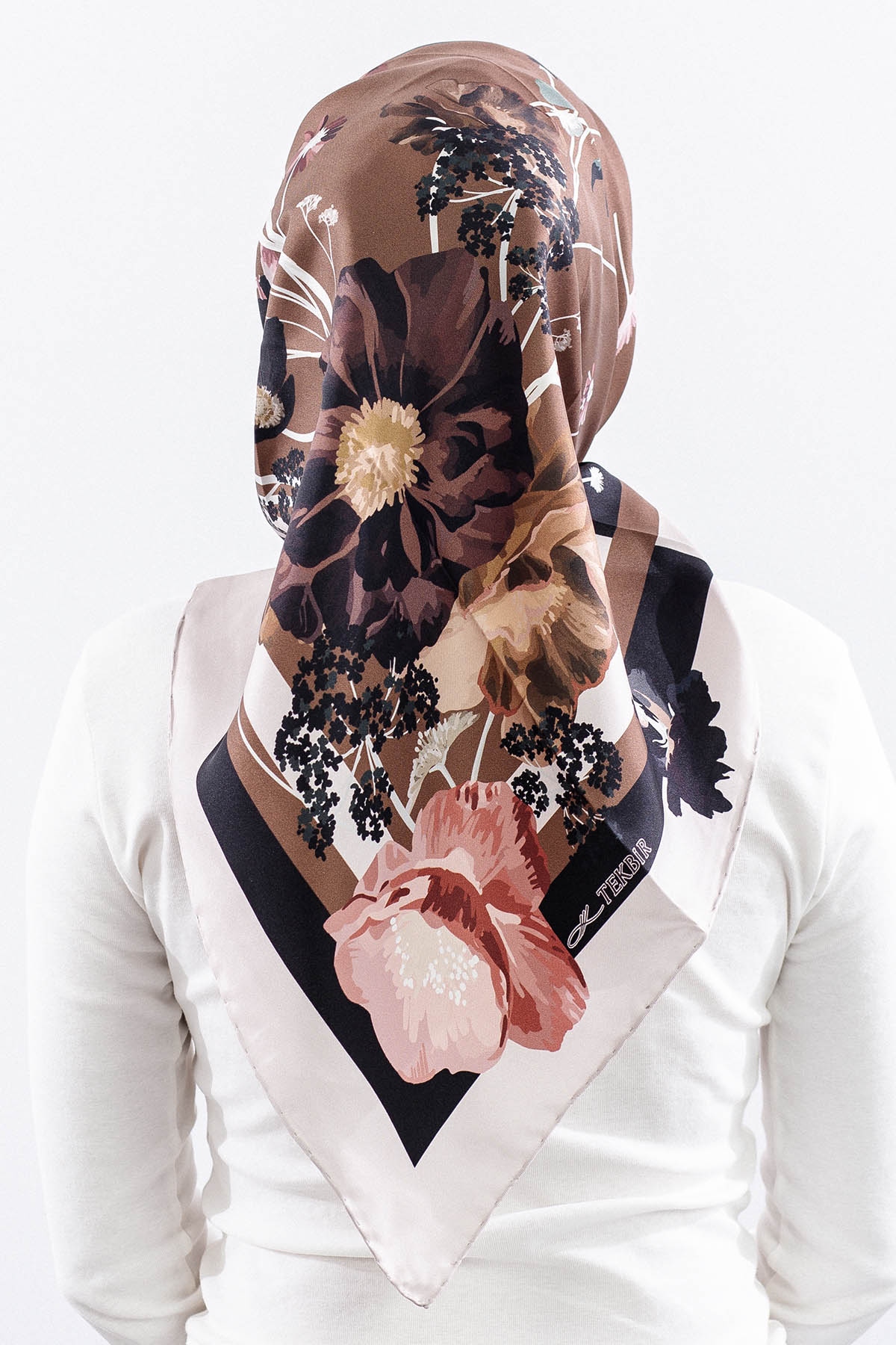 Dg14821 İpek Eşarp Nilufer Tvil Kumas - Kahve - 4