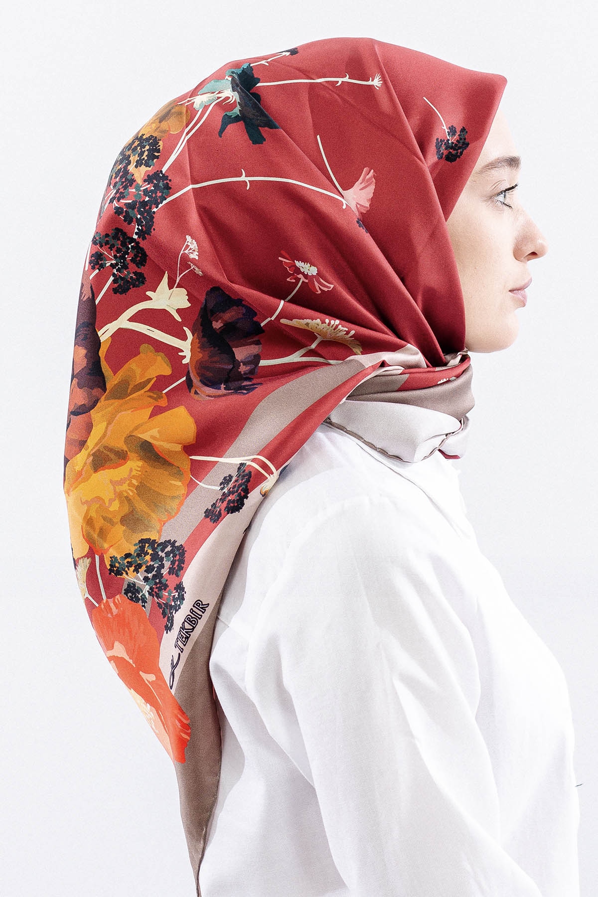 Dg14821 İpek Eşarp Nilufer Tvil Kumas - Kirmizi - 3