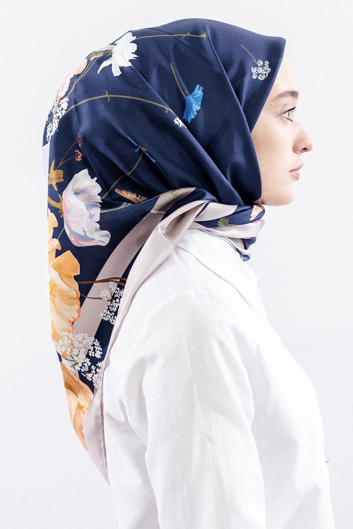 Dg14821 İpek Eşarp Nilufer Tvil Kumas - Lacivert - 3